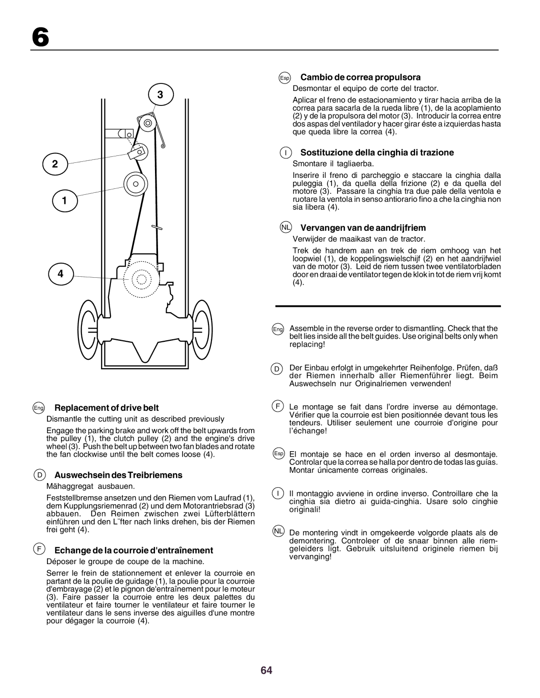 Husqvarna YTH130 Eng Replacement of drive belt, Auswechsein des Treibriemens, Echange de la courroie dentraînement 