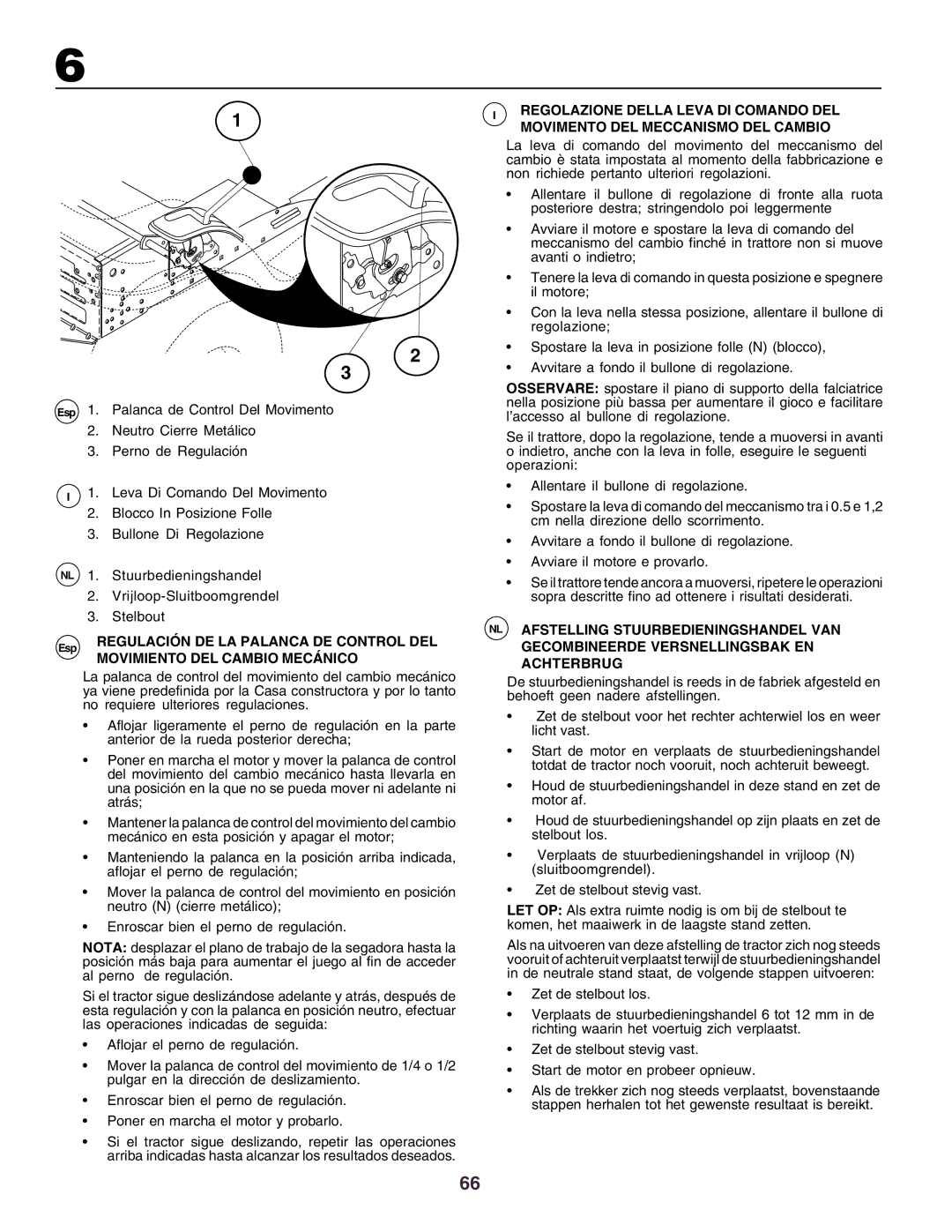 Husqvarna YTH130 instruction manual Regulación DE LA Palanca DE Control DEL, Movimiento DEL Cambio Mecánico 