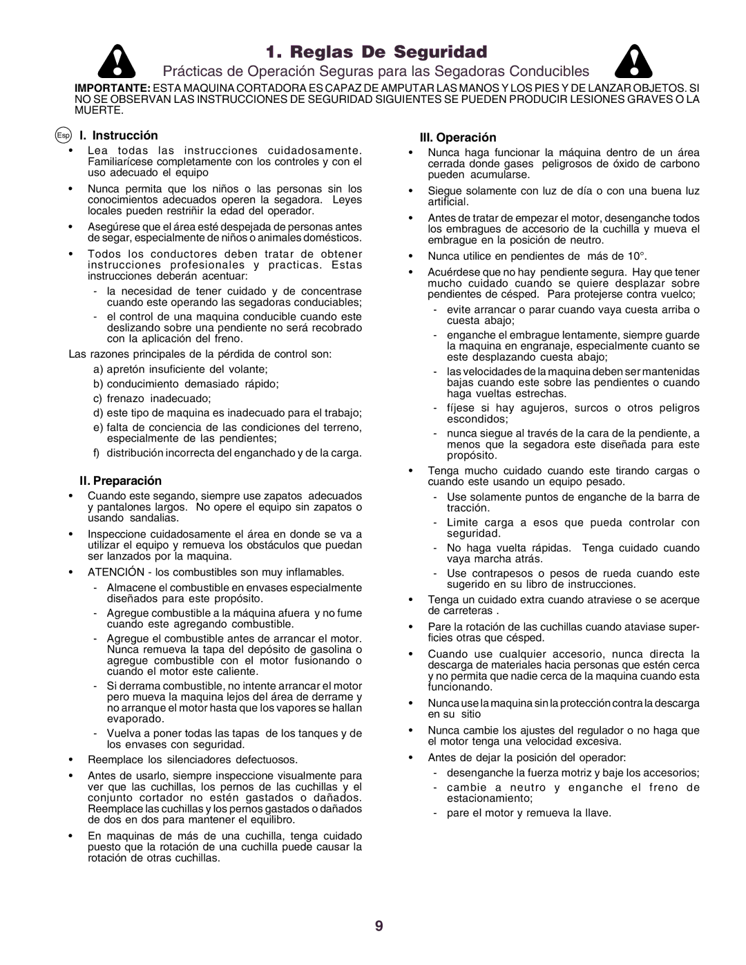 Husqvarna YTH130 instruction manual Reglas De Seguridad, Esp I. Instrucción, II. Preparación, III. Operación 