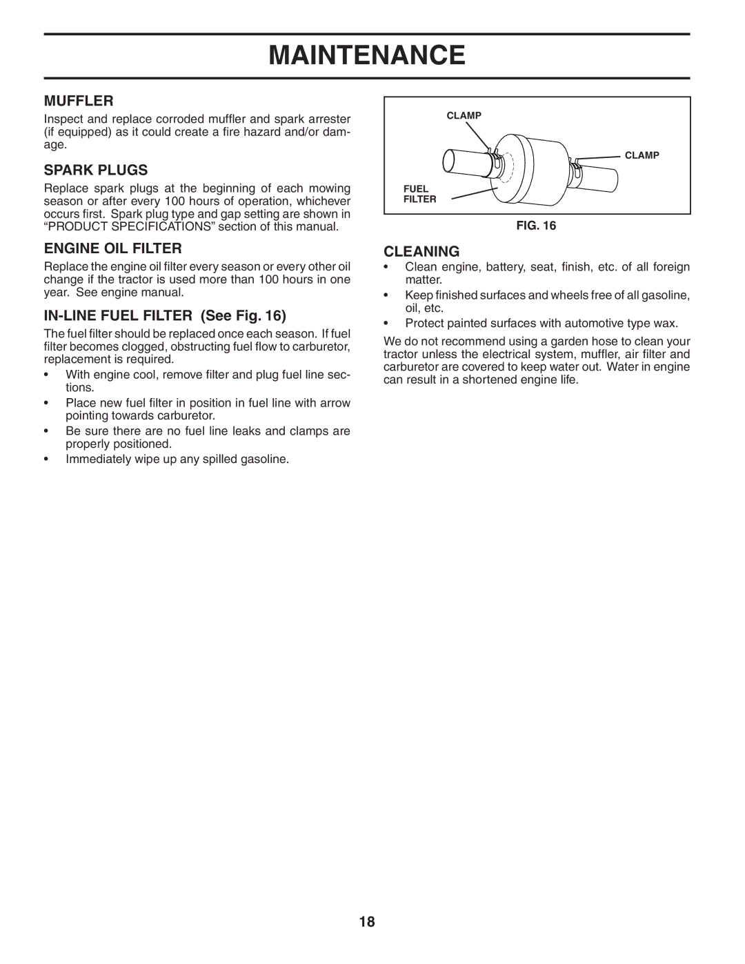 Husqvarna YTH1342XP owner manual Muffler, Spark Plugs, Engine OIL Filter, IN-LINE Fuel Filter See Fig, Cleaning 