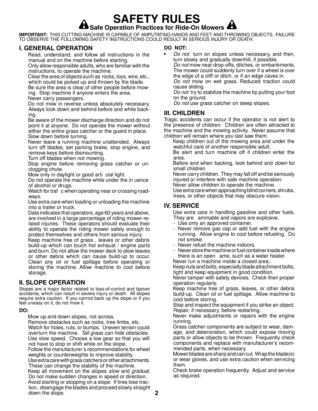 Husqvarna YTH1342XP owner manual Safety Rules, General Operation, II. Slope Operation, III. Children, IV. Service 