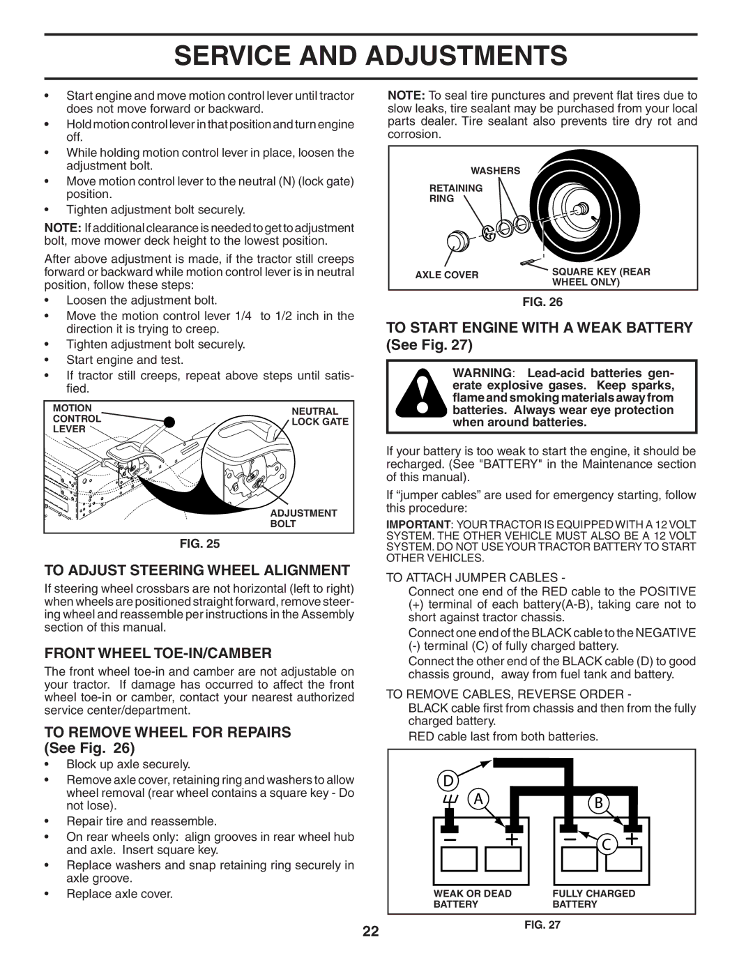 Husqvarna YTH1342XP To Adjust Steering Wheel Alignment, Front Wheel TOE-IN/CAMBER, To Remove Wheel for Repairs See Fig 