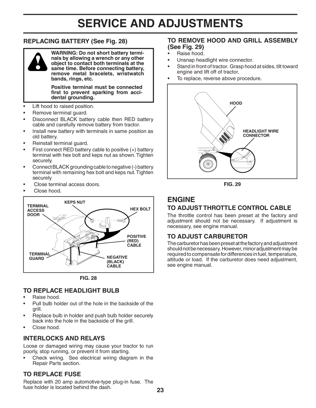 Husqvarna YTH1342XP To Adjust Throttle Control Cable, To Adjust Carburetor, To Replace Headlight Bulb, To Replace Fuse 