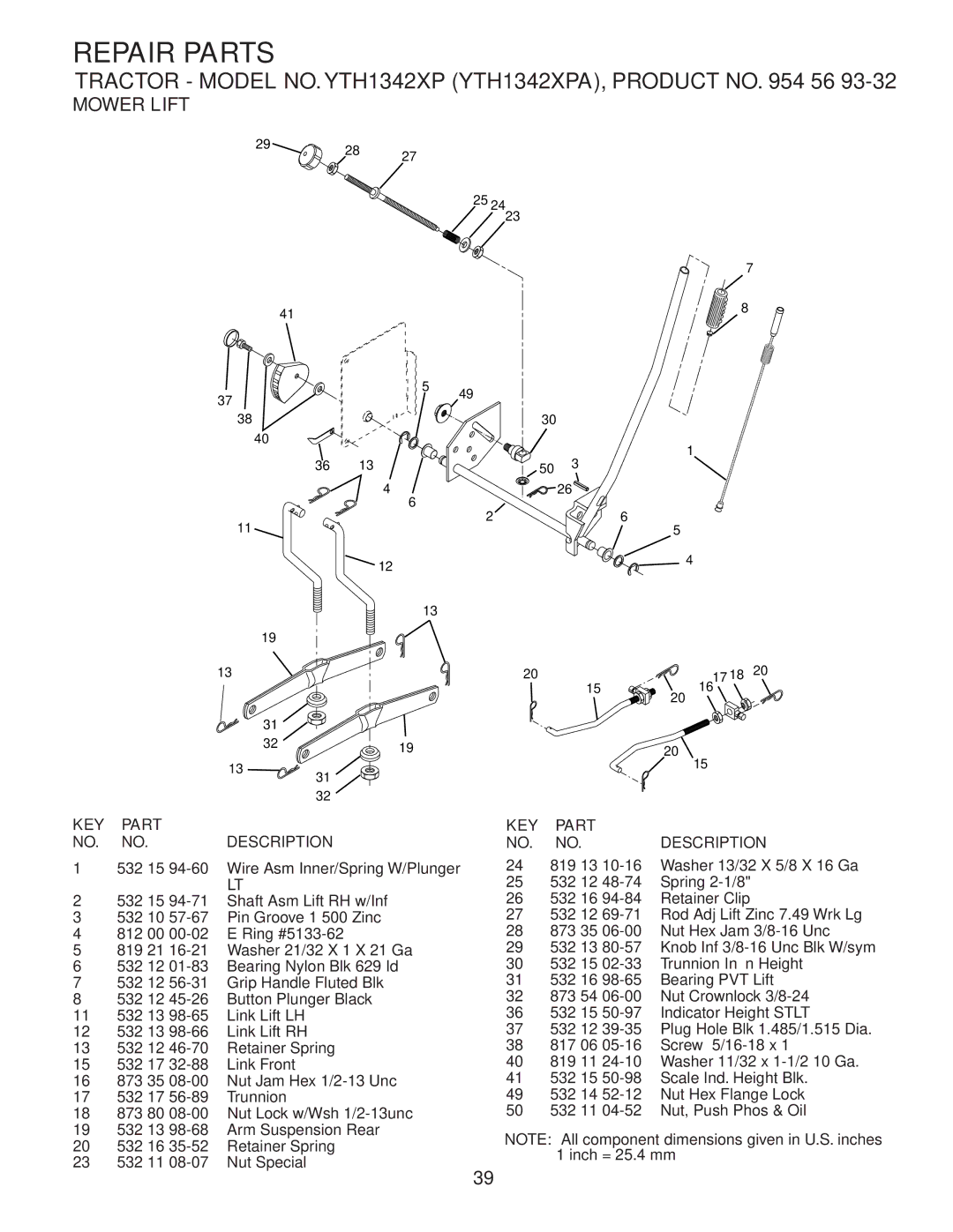 Husqvarna YTH1342XP owner manual Mower Lift 