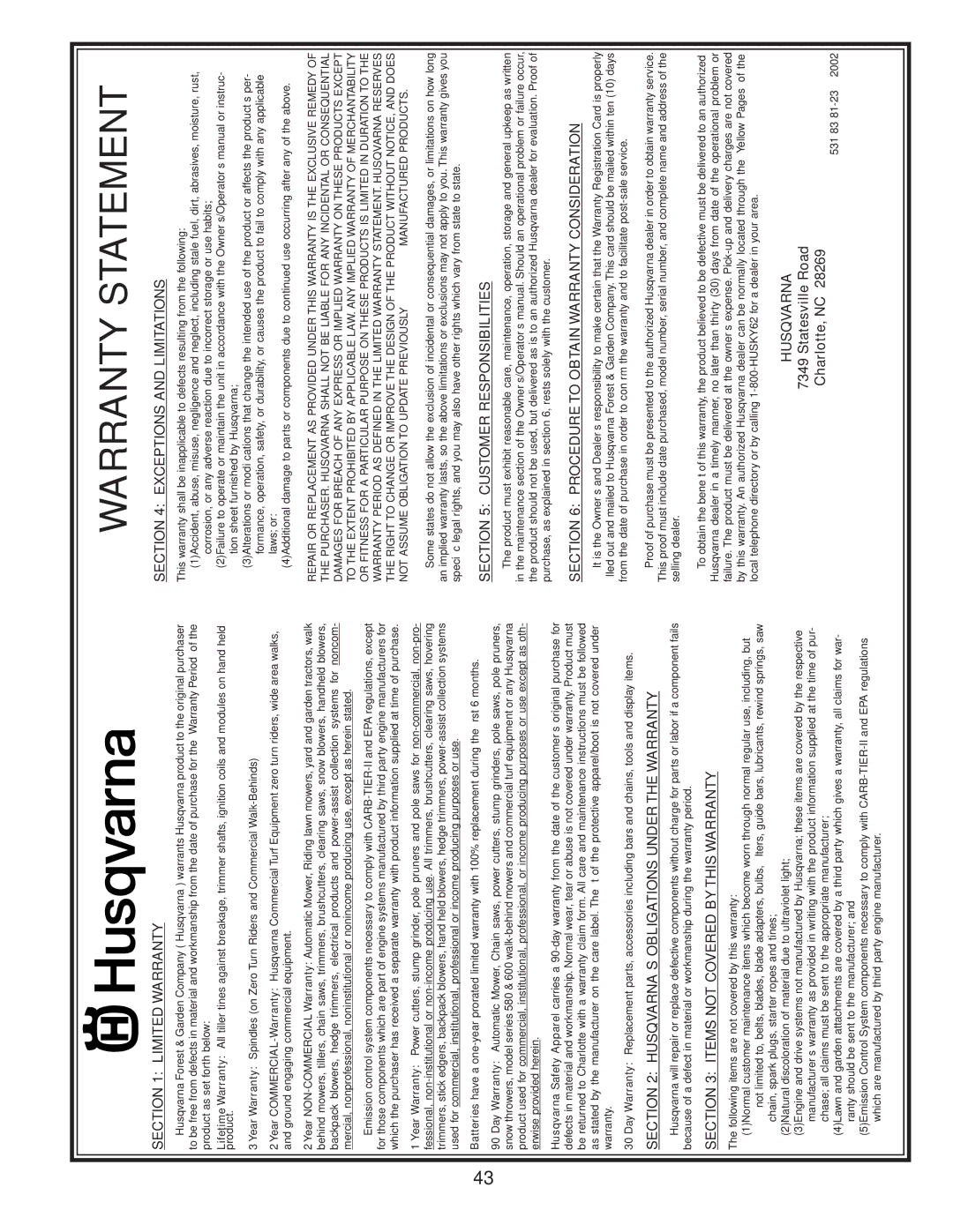 Husqvarna YTH1342XP owner manual Warranty Statement 