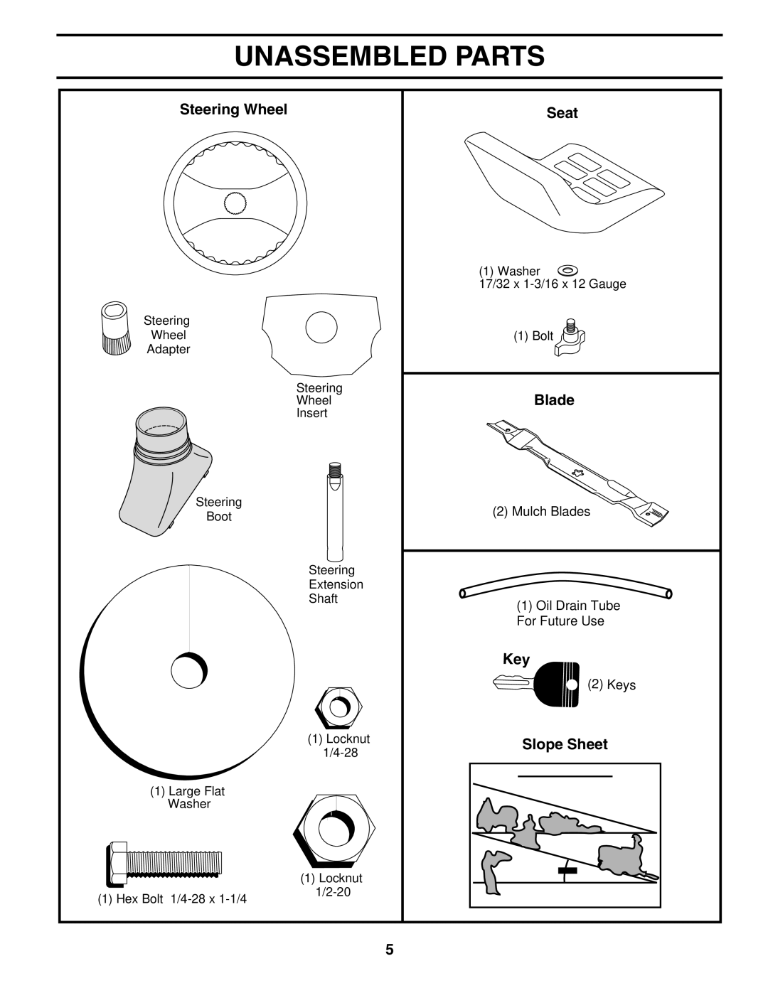 Husqvarna YTH1342XP owner manual Unassembled Parts, Steering Wheel Seat, Blade, Key, Slope Sheet 