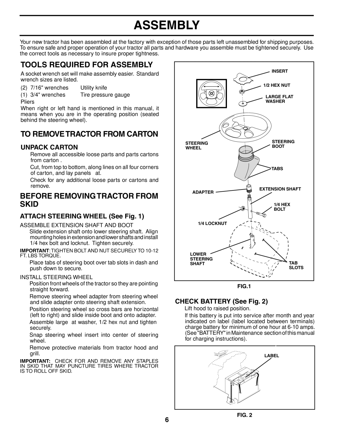 Husqvarna YTH1342XP Tools Required for Assembly, To Remove Tractor from Carton, Before Removing Tractor from Skid 