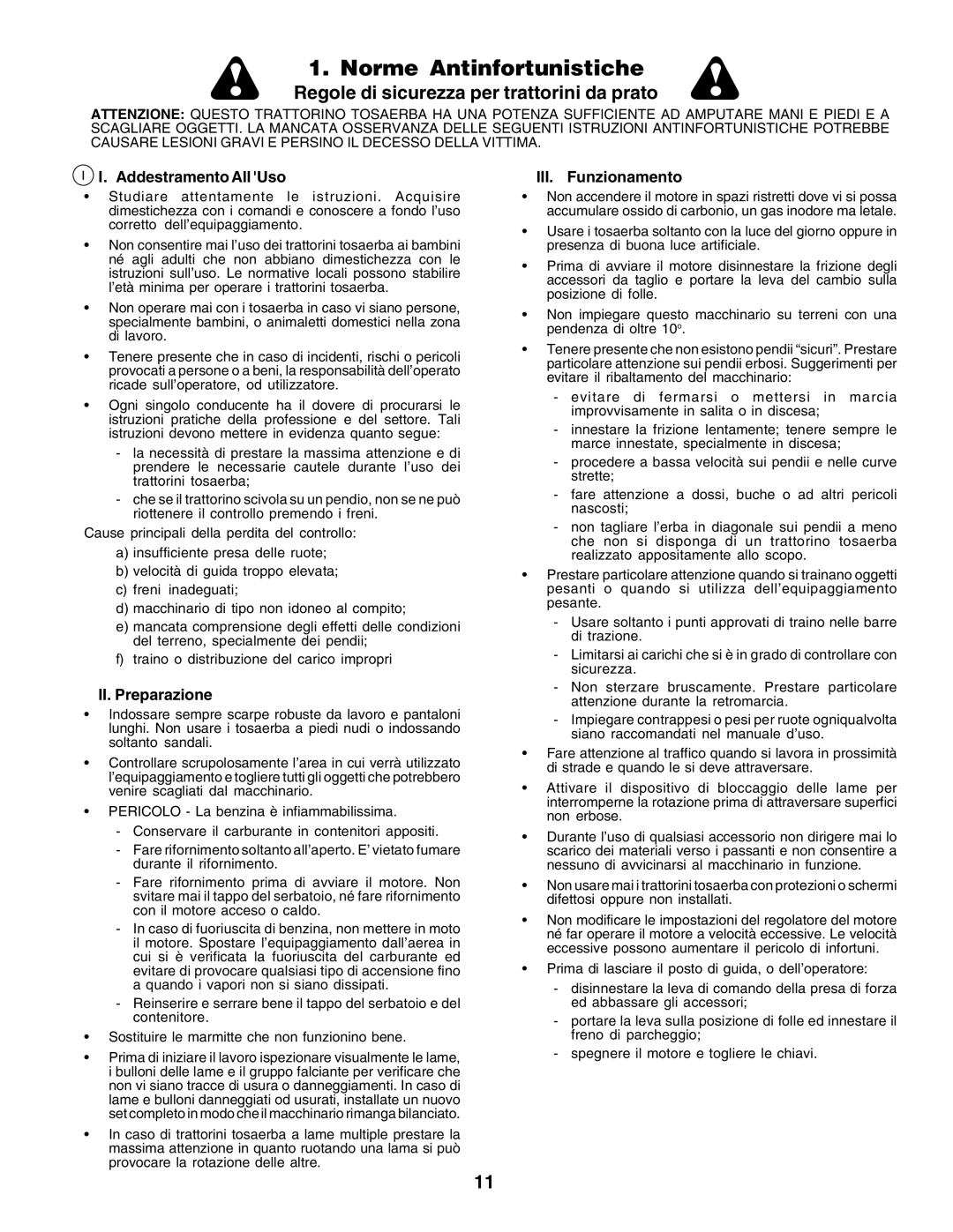 Husqvarna YTH135 instruction manual Norme Antinfortunistiche, Addestramento All Uso III. Funzionamento, II. Preparazione 