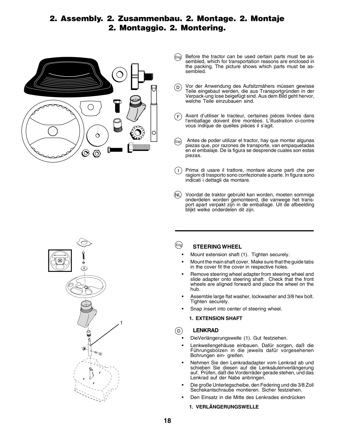 Husqvarna YTH135 instruction manual Eng Steering Wheel, Lenkrad, Extension Shaft, Verlängerungswelle 