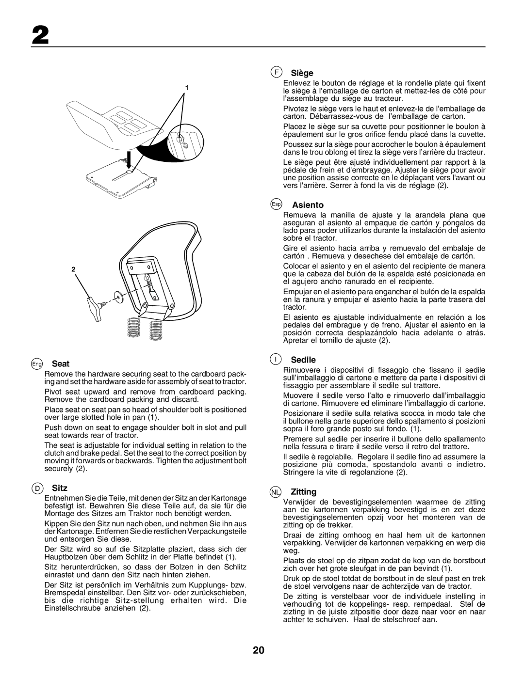 Husqvarna YTH135 instruction manual Sitz, Siège, Esp Asiento, Sedile, NL Zitting 