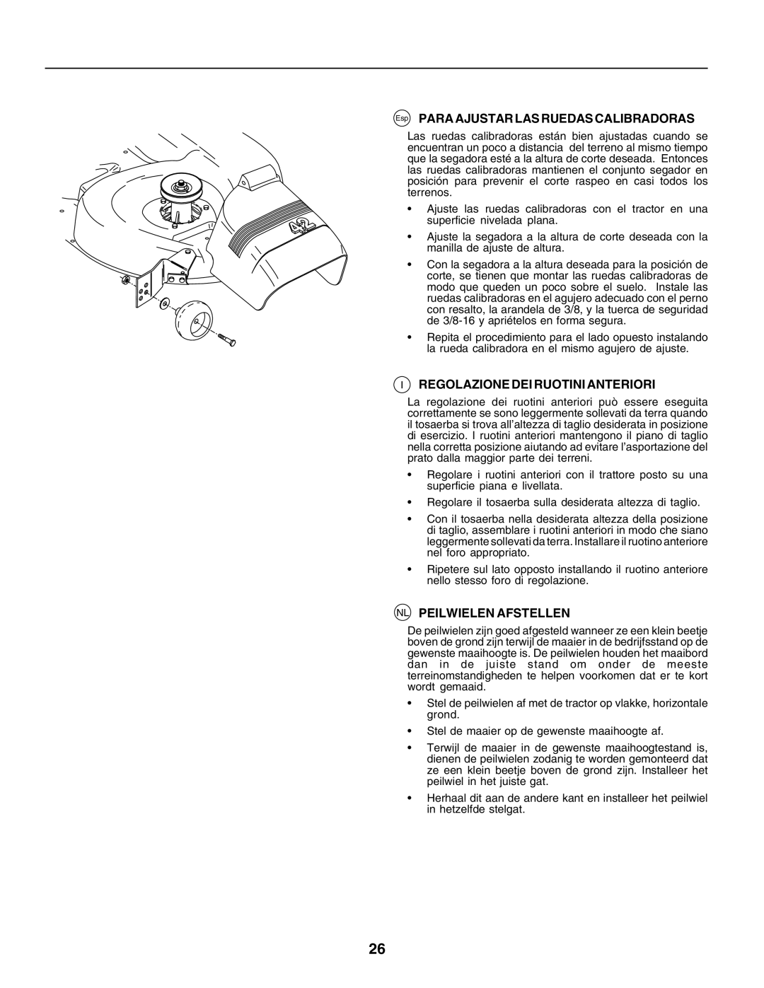 Husqvarna YTH135 Esp Para Ajustar LAS Ruedas Calibradoras, Regolazione DEI Ruotini Anteriori, NL Peilwielen Afstellen 