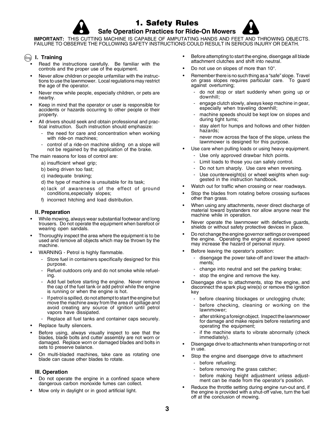 Husqvarna YTH135 instruction manual Safety Rules, Eng I. Training, II. Preparation, III. Operation 