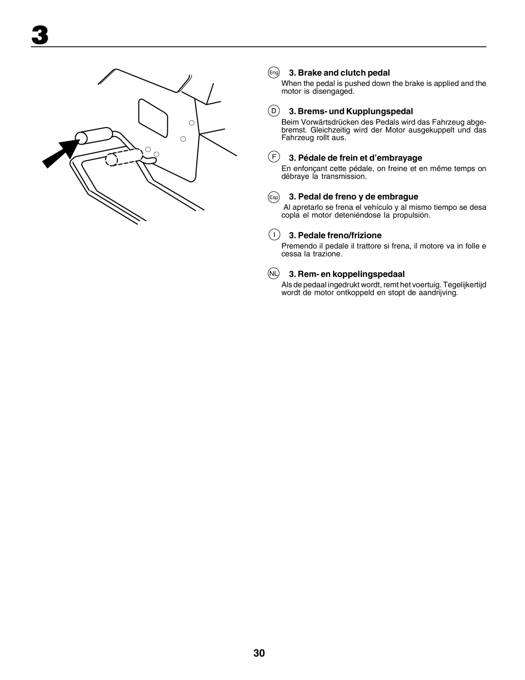 Husqvarna YTH135 Eng 3. Brake and clutch pedal, Brems- und Kupplungspedal, Pédale de frein et d’embrayage 