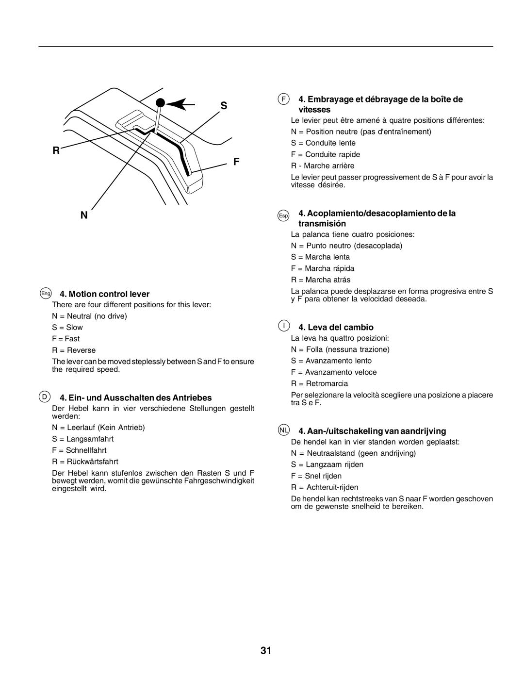 Husqvarna YTH135 instruction manual Eng 4. Motion control lever, Ein- und Ausschalten des Antriebes, Leva del cambio 