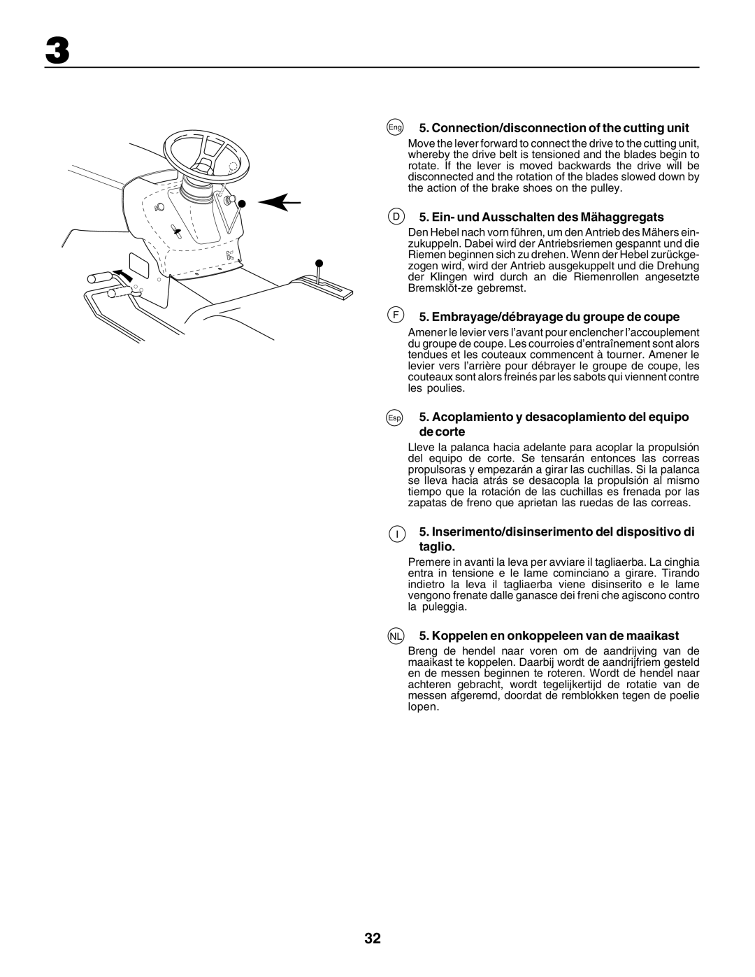 Husqvarna YTH135 Eng 5. Connection/disconnection of the cutting unit, Ein- und Ausschalten des Mähaggregats 