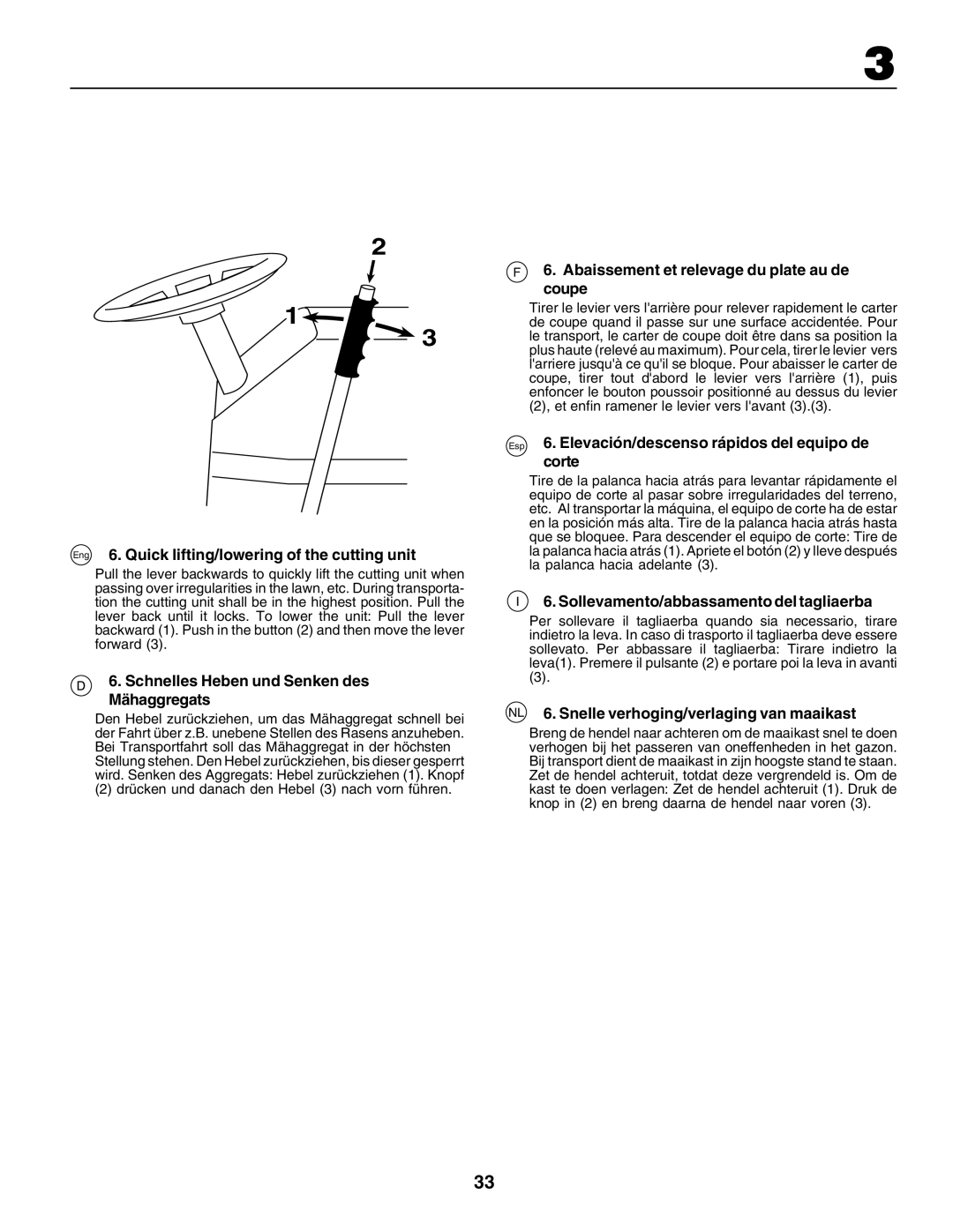 Husqvarna YTH135 Eng 6. Quick lifting/lowering of the cutting unit, Schnelles Heben und Senken des Mähaggregats 