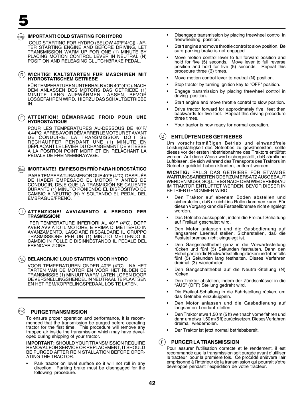 Husqvarna YTH135 instruction manual Eng Purge Transmission, Entlüften DES Getriebes, Purger LA Transmission 