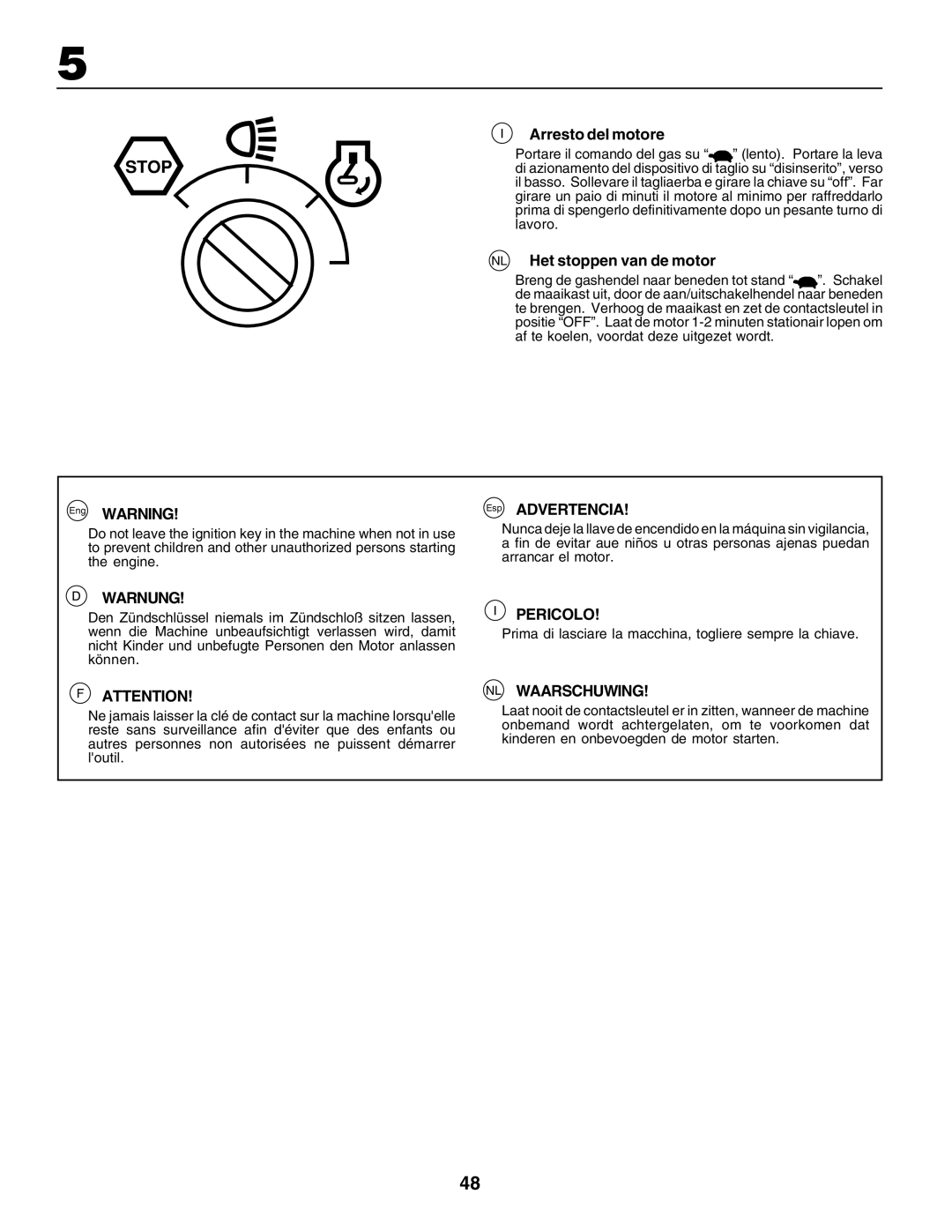 Husqvarna YTH135 instruction manual Arresto del motore, NL Het stoppen van de motor, Esp Advertencia, NL Waarschuwing 