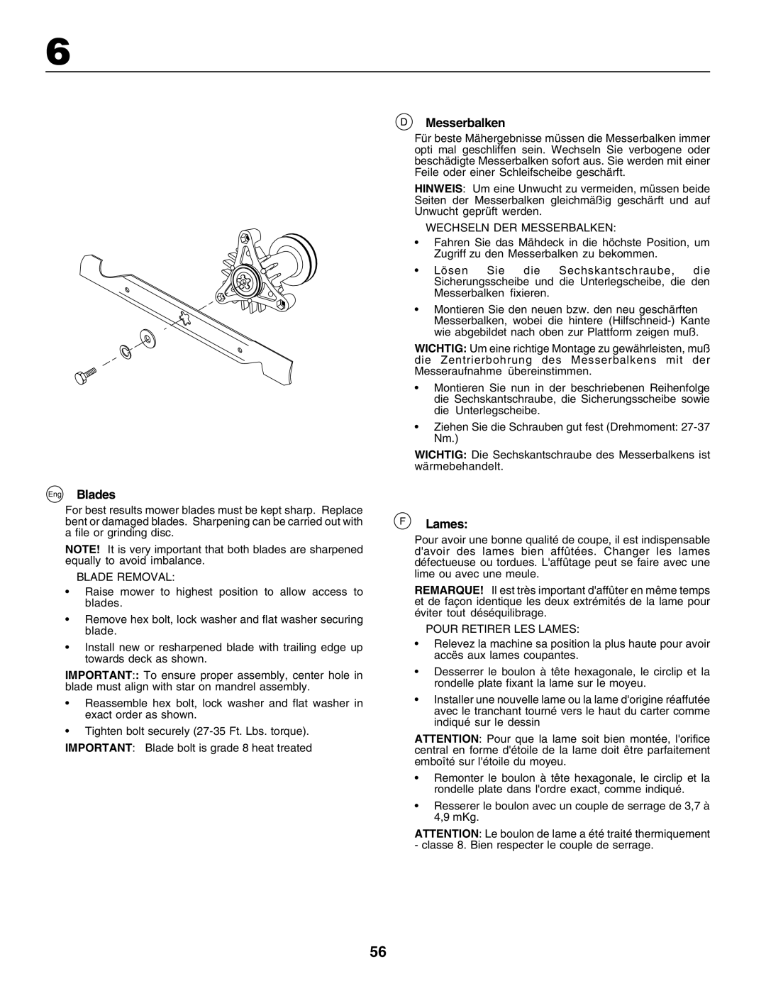 Husqvarna YTH135 instruction manual Eng Blades, Messerbalken, Lames 