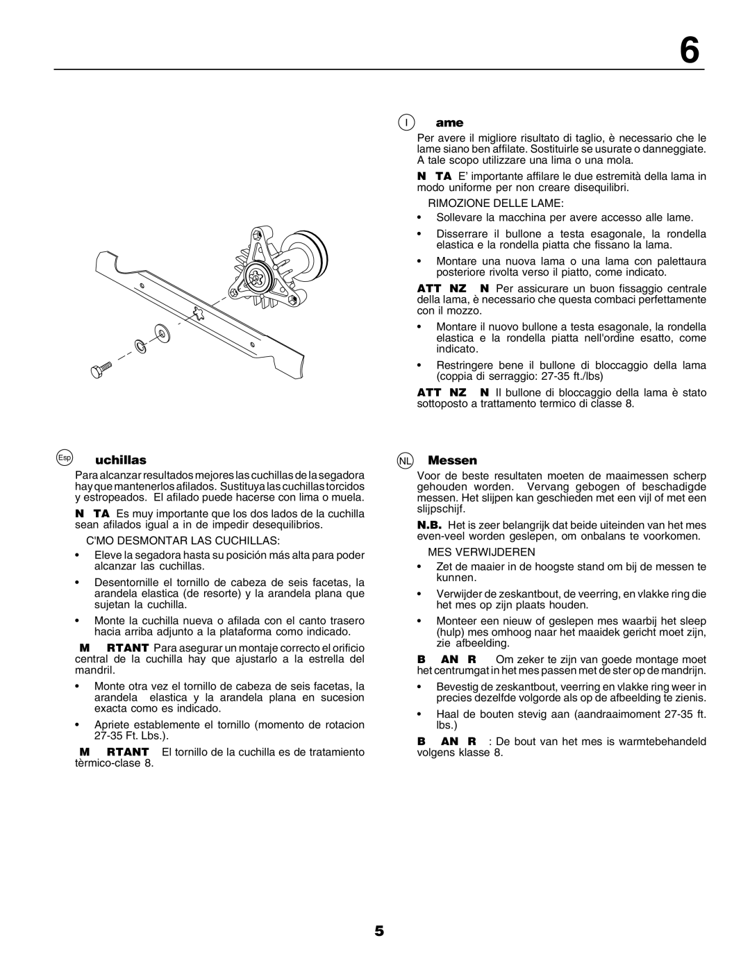 Husqvarna YTH135 instruction manual Esp Cuchillas, Lame, NL Messen 