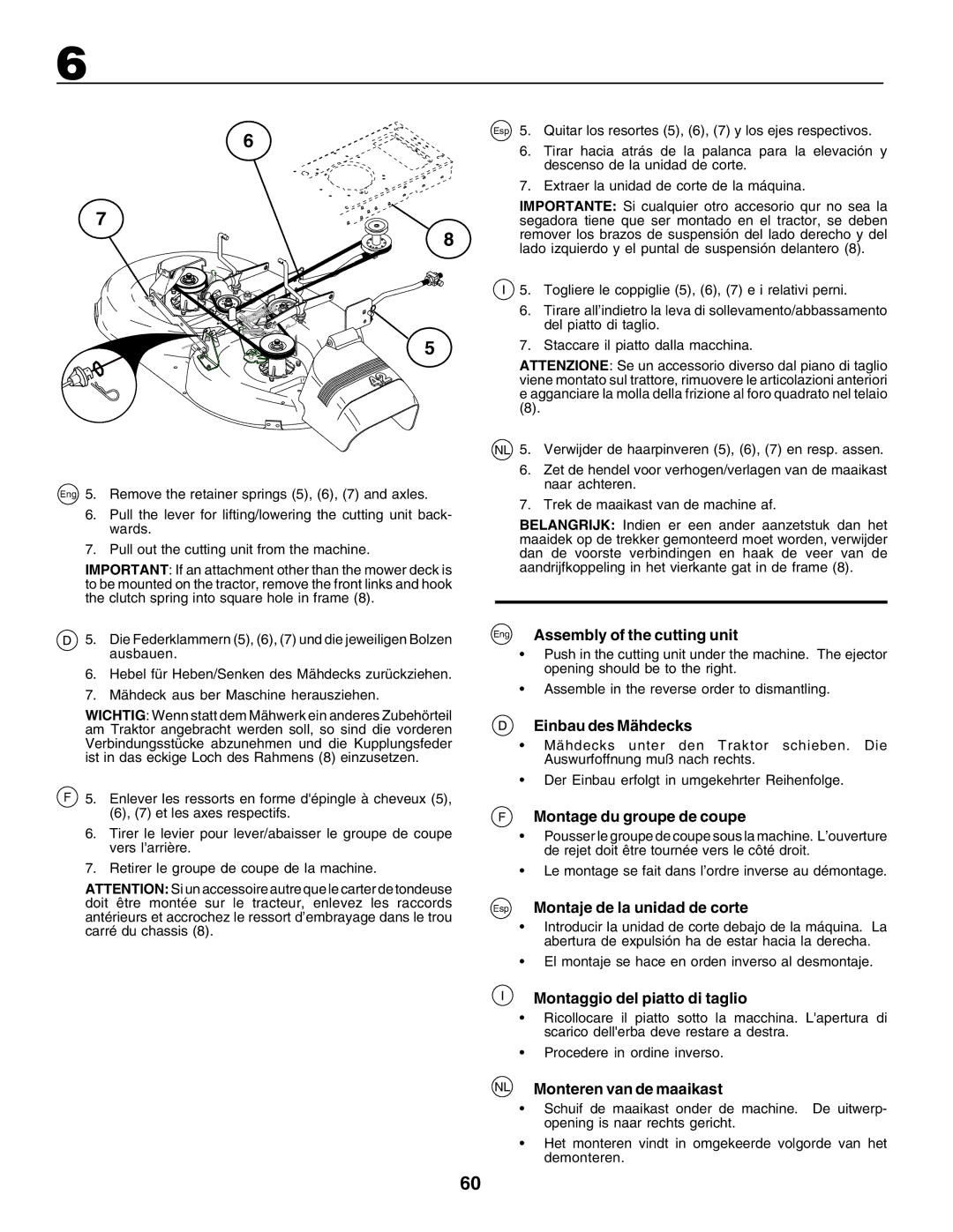 Husqvarna YTH135 instruction manual Eng Assembly of the cutting unit, Einbau des Mähdecks, Montage du groupe de coupe 