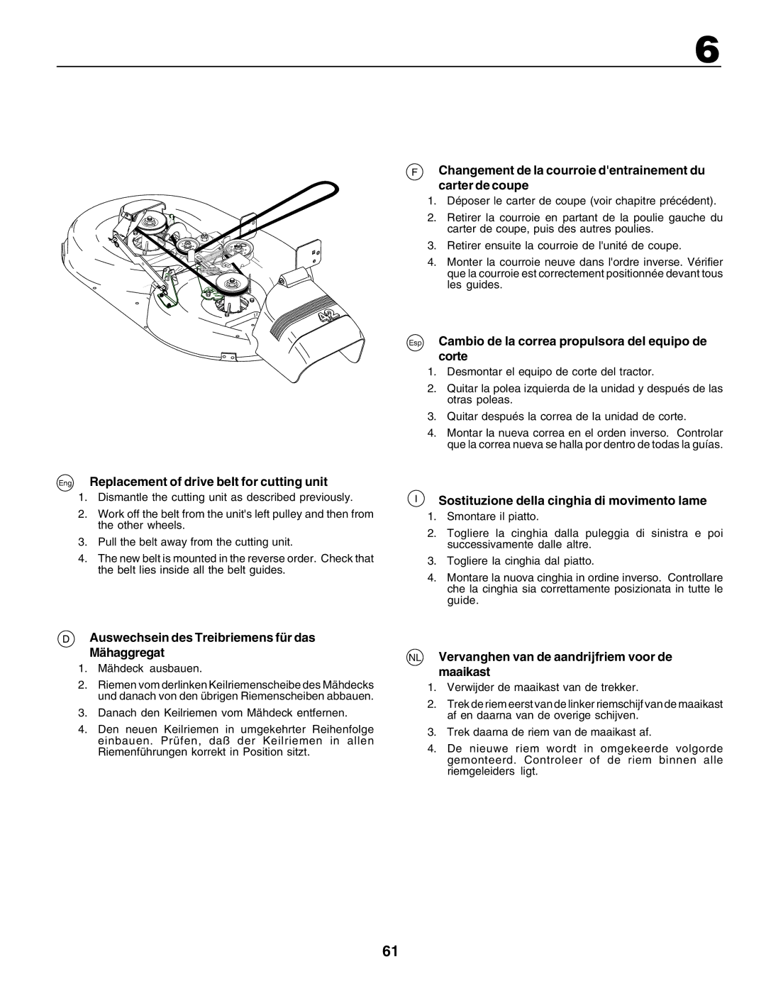 Husqvarna YTH135 Eng Replacement of drive belt for cutting unit, Auswechsein des Treibriemens für das Mähaggregat 