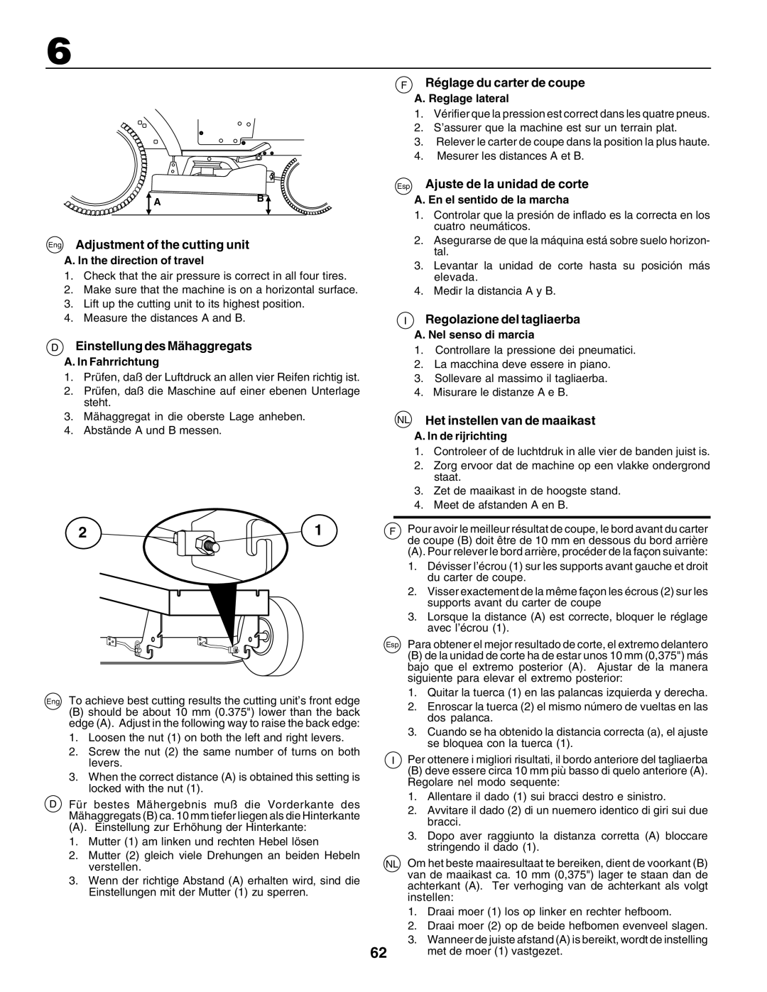 Husqvarna YTH135 Eng Adjustment of the cutting unit, Einstellung des Mähaggregats, Réglage du carter de coupe 