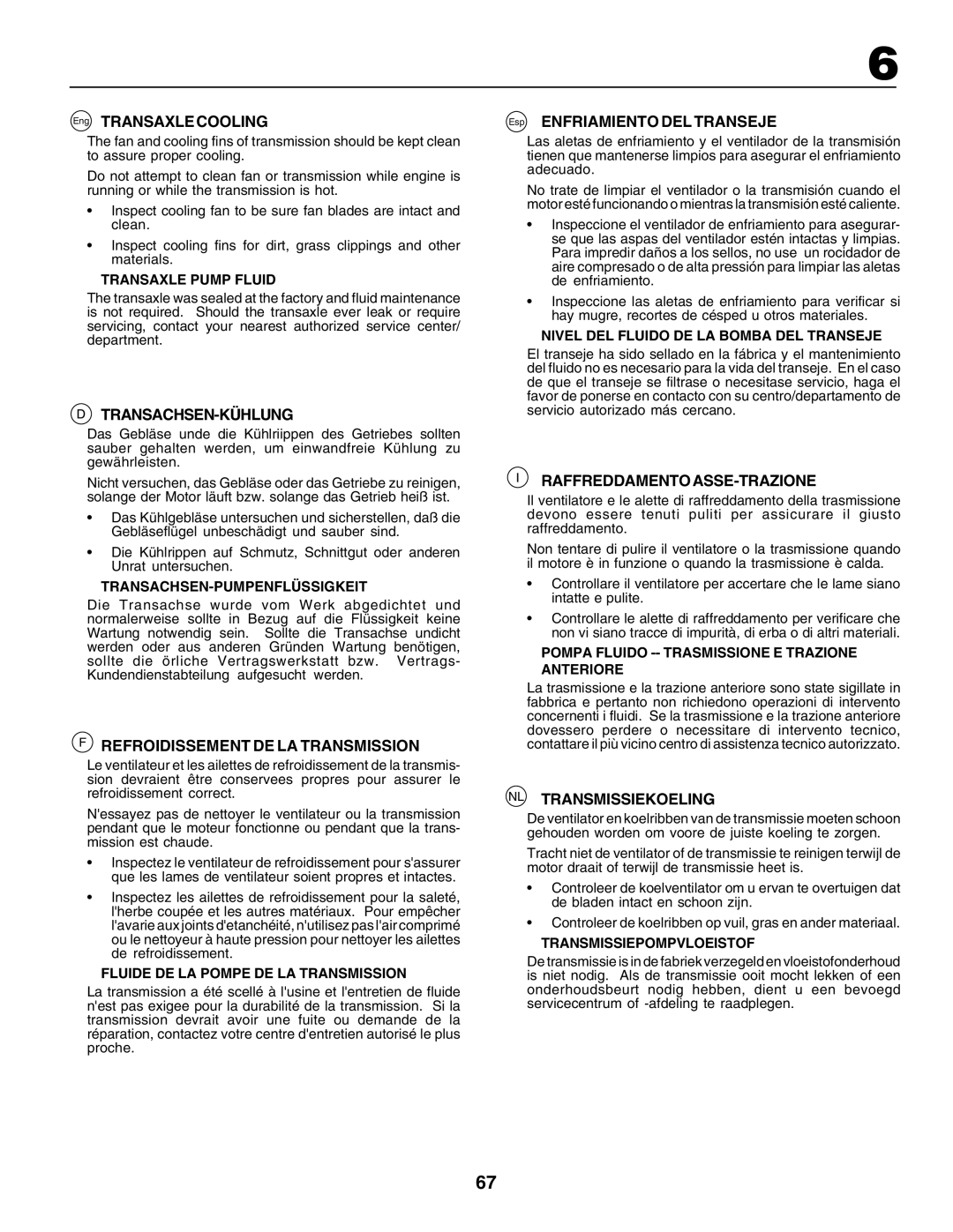 Husqvarna YTH135 instruction manual Transachsen-Kühlung, Refroidissement DE LA Transmission, Raffreddamentoasse-Trazione 