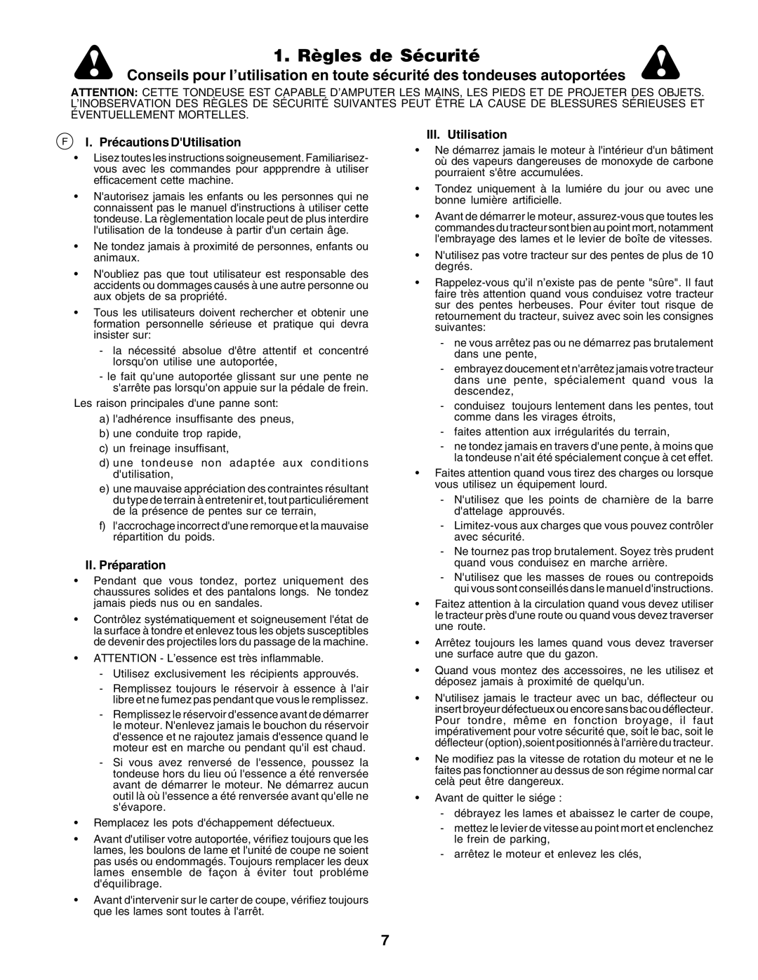 Husqvarna YTH135 instruction manual Règles de Sécurité, Précautions DUtilisation, II. Préparation, III. Utilisation 