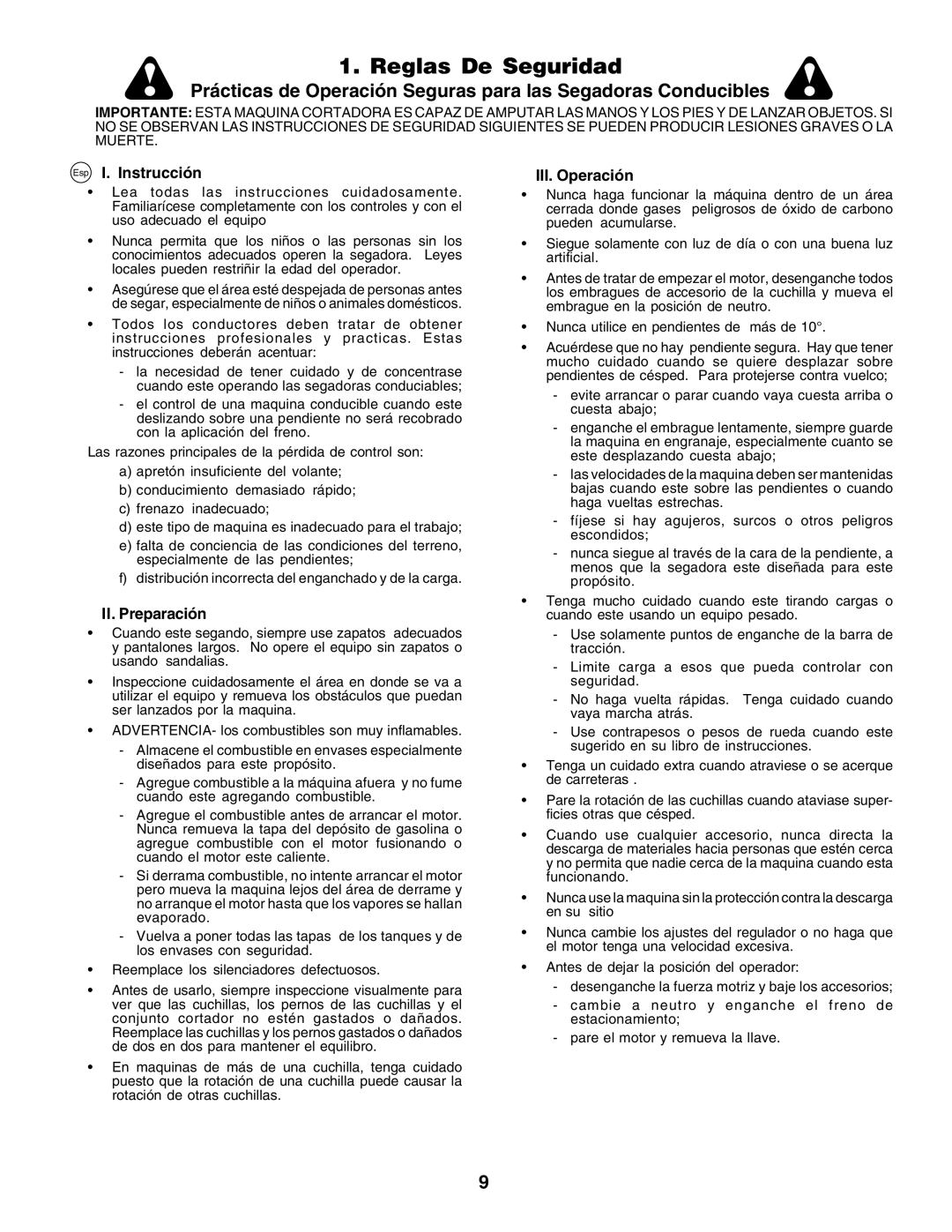 Husqvarna YTH135 instruction manual Reglas De Seguridad, Esp I. Instrucción, II. Preparación, III. Operación 