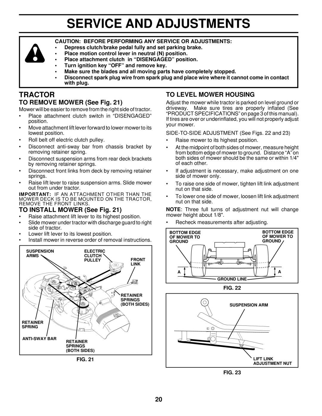 Husqvarna YTH145 Service and Adjustments, To Remove Mower See Fig, To Install Mower See Fig, To Level Mower Housing 