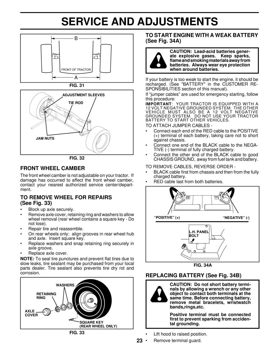 Husqvarna YTH145 Front Wheel Camber, To Remove Wheel for Repairs See Fig, To Start Engine with a Weak Battery See a 