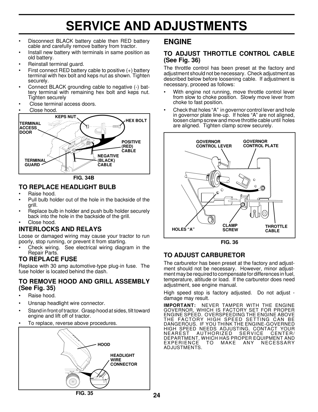 Husqvarna YTH145 owner manual To Replace Headlight Bulb, Interlocks and Relays, To Replace Fuse, To Adjust Carburetor 