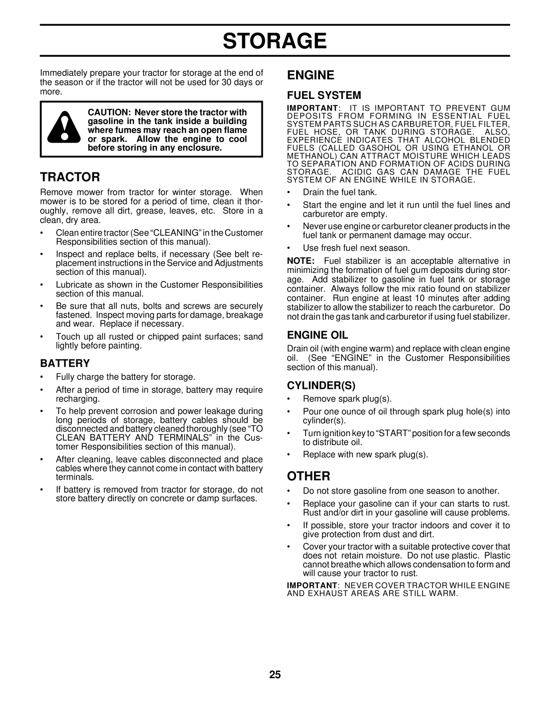 Husqvarna YTH145 owner manual Storage, Other, Fuel System, Engine OIL, Cylinders 