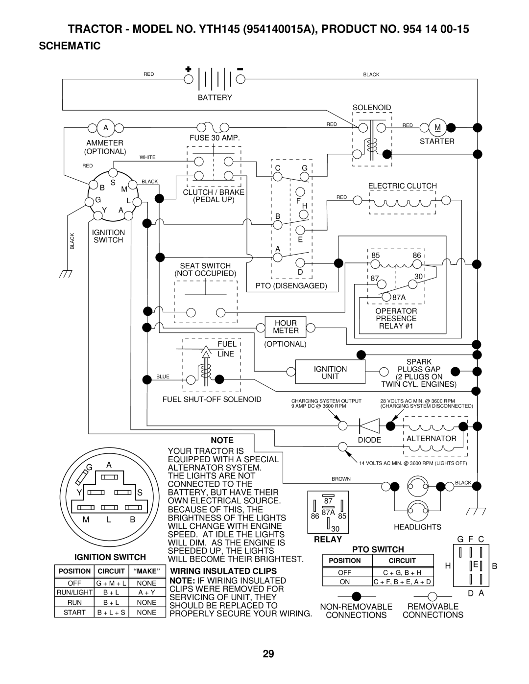 Husqvarna YTH145 owner manual Schematic, Ignition Switch, Relay, PTO Switch, Wiring Insulated Clips 