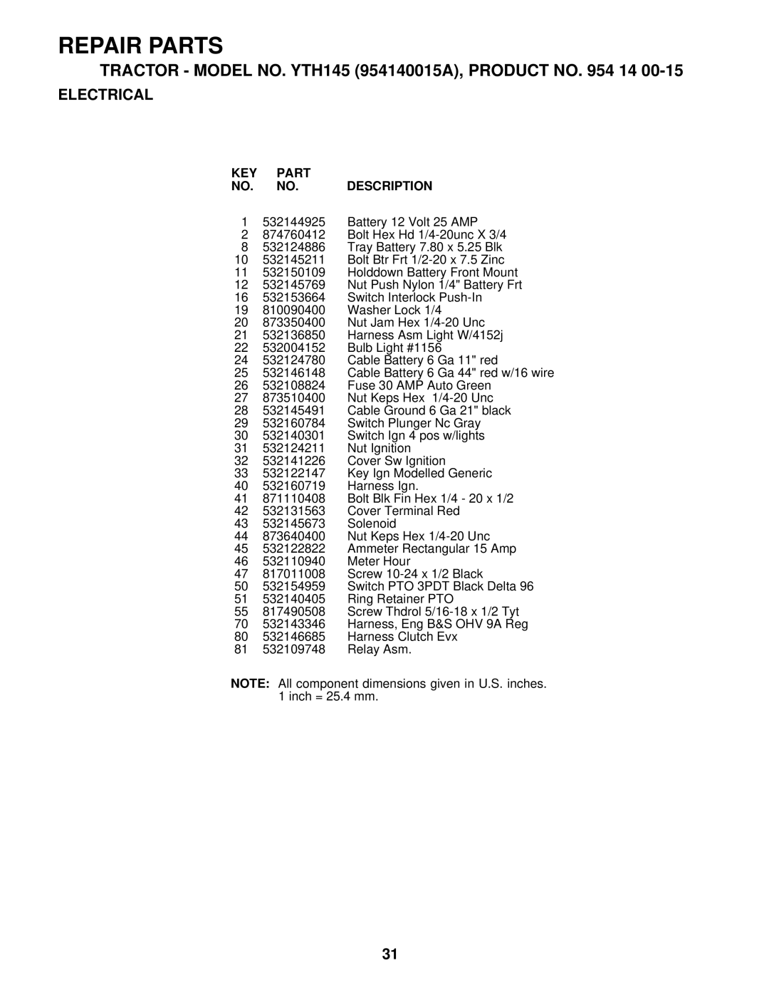 Husqvarna YTH145 owner manual KEY Part NO. NO. Description 