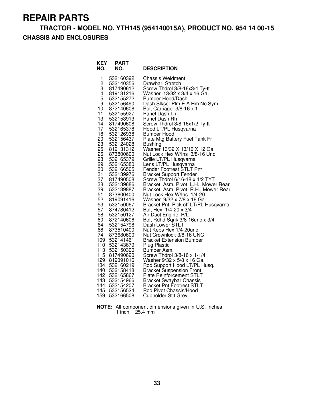 Husqvarna YTH145 owner manual KEY Part Description 