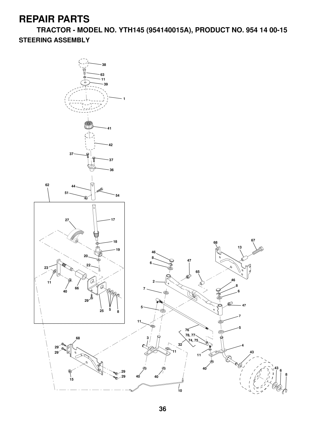 Husqvarna YTH145 owner manual Steering Assembly 