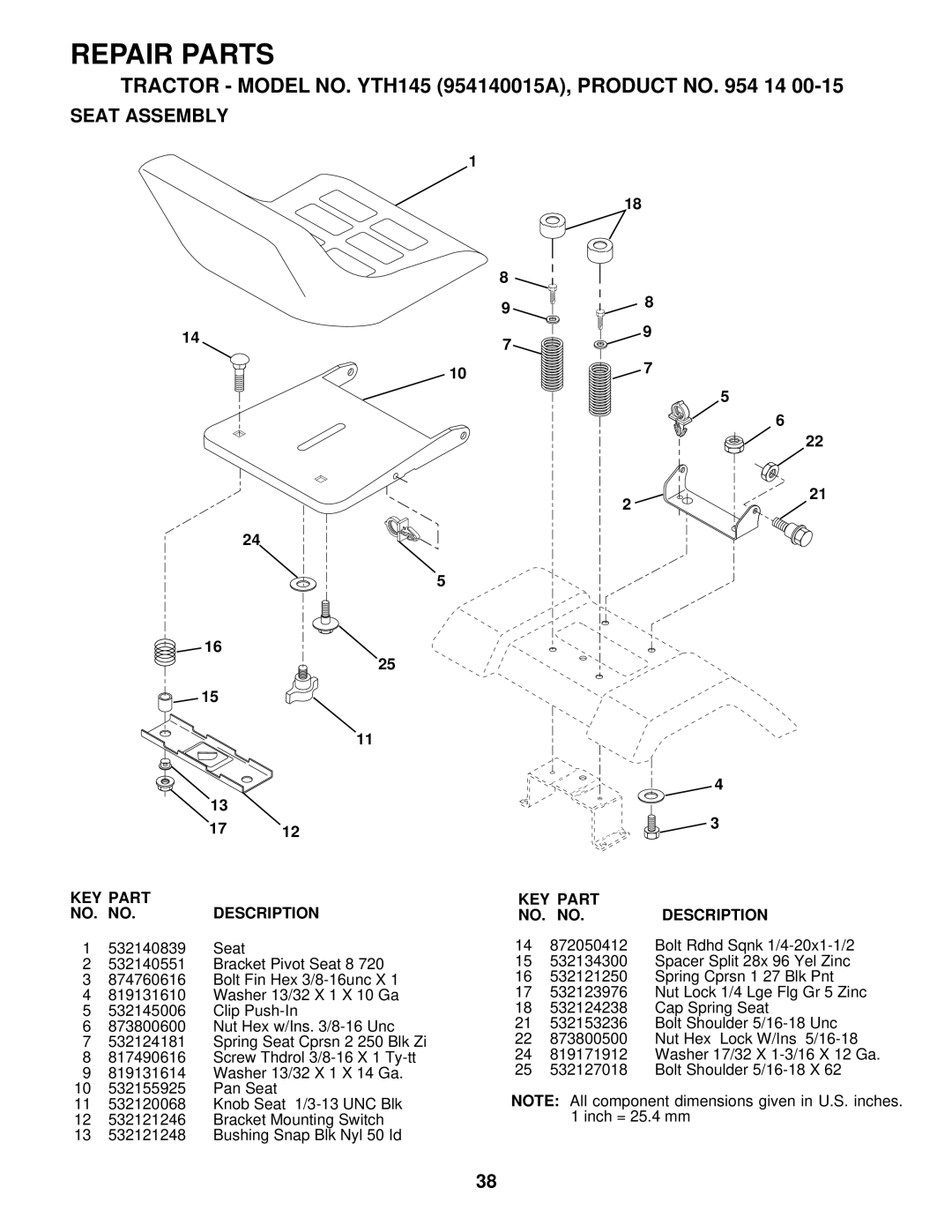 Husqvarna YTH145 owner manual Seat Assembly, KEY Part NO. no Description 