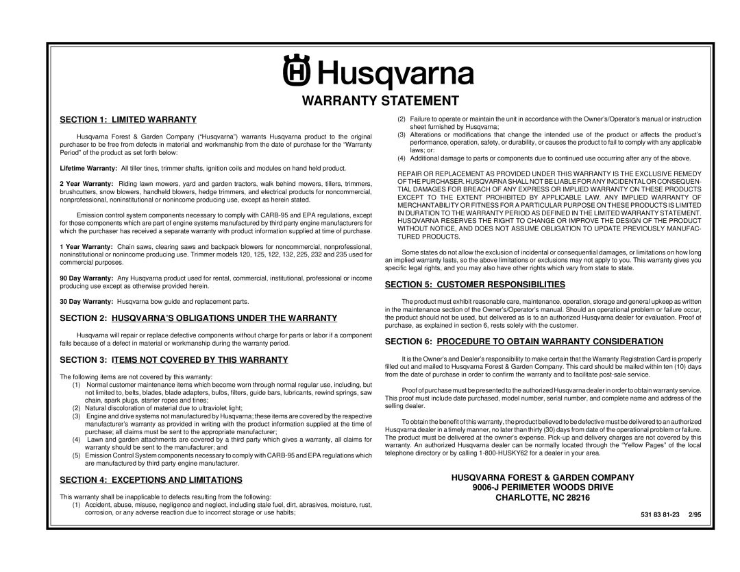 Husqvarna YTH145 owner manual Warranty Statement, Limited Warranty 