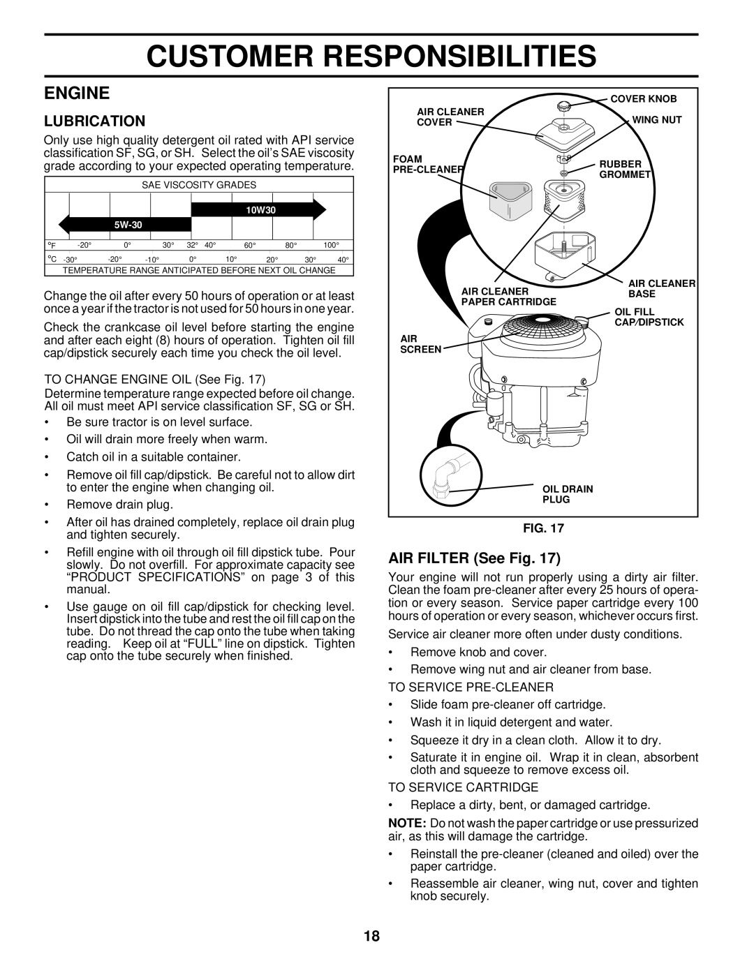 Husqvarna YTH150 owner manual Engine, Lubrication, AIR Filter See Fig, To Service PRE-CLEANER, To Service Cartridge 