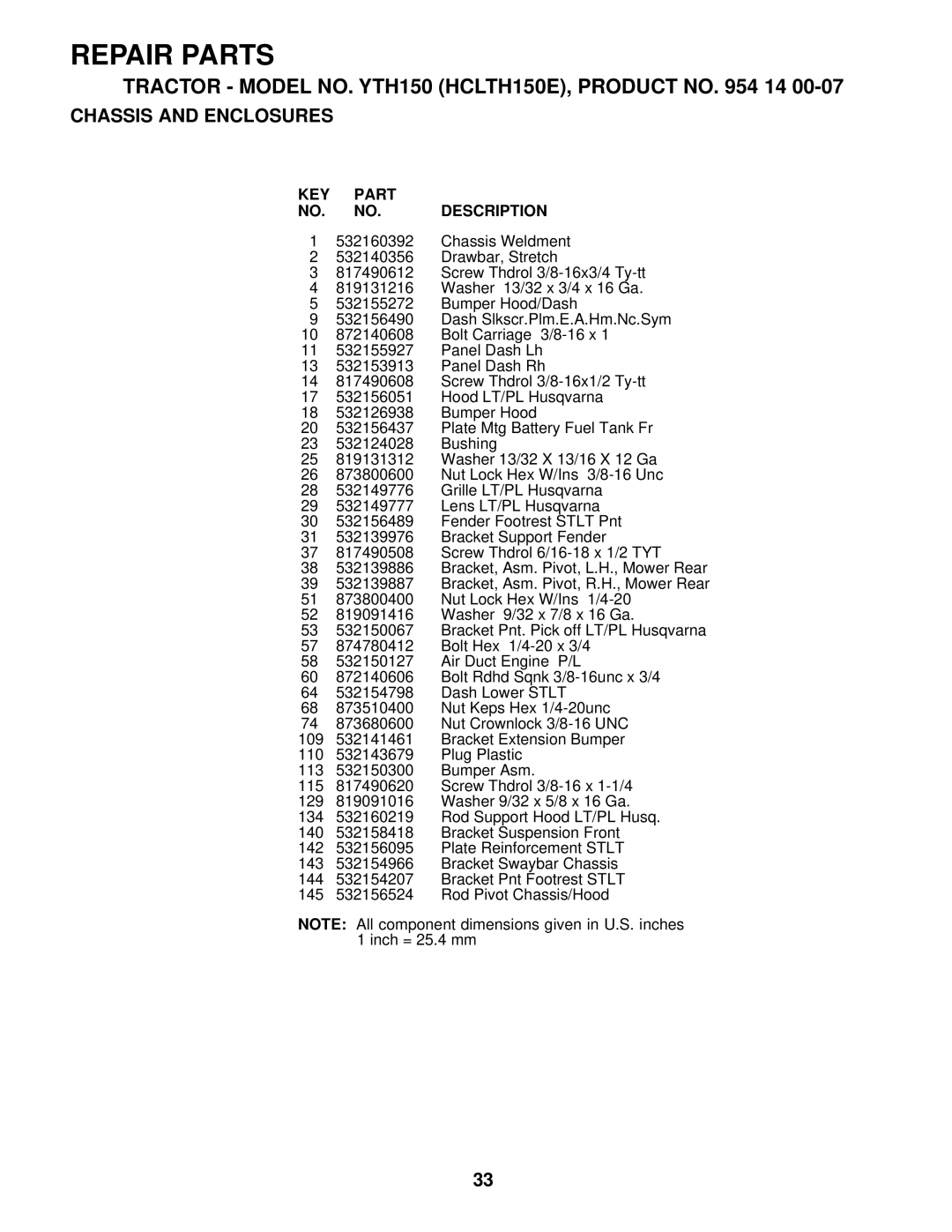 Husqvarna YTH150 owner manual KEY Part Description 