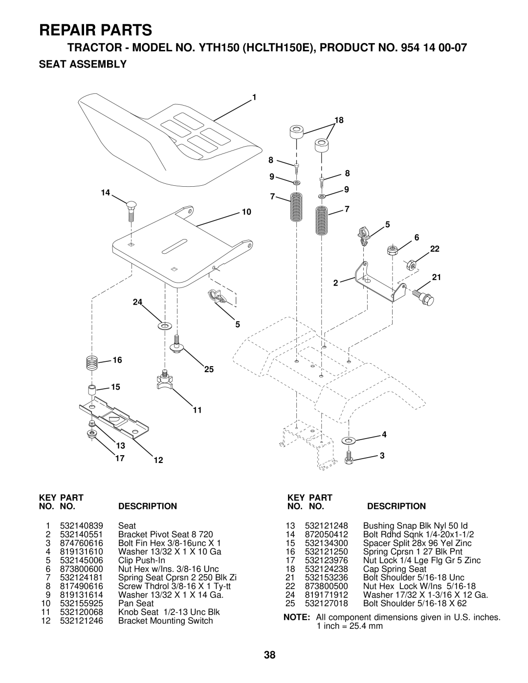 Husqvarna YTH150 owner manual Seat Assembly, KEY Part NO. no Description 