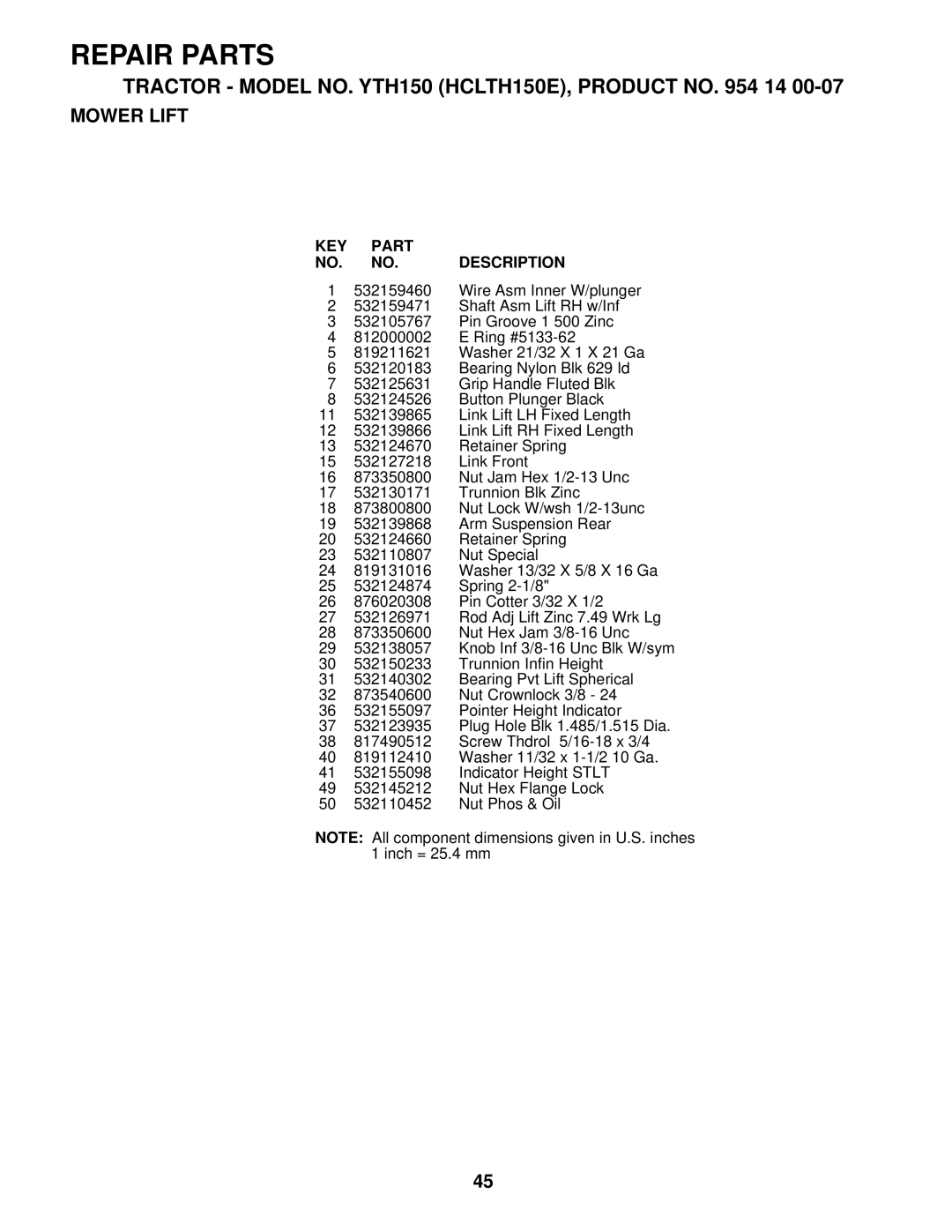 Husqvarna YTH150 owner manual KEY Part NO. NO. Description 