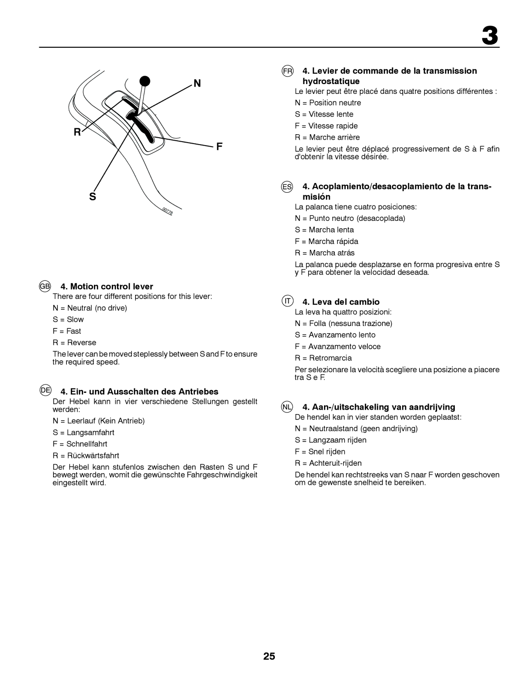 Husqvarna YTH150TWIN instruction manual Motion control lever, Ein- und Ausschalten des Antriebes, Leva del cambio 