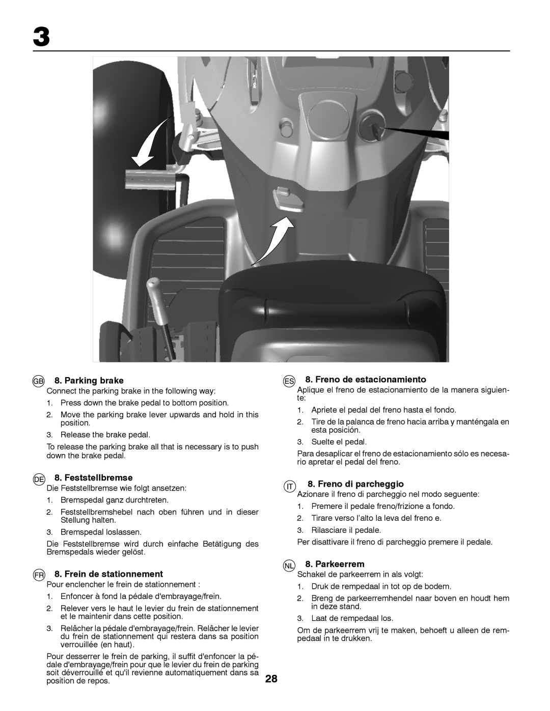 Husqvarna YTH150TWIN Parking brake, Feststellbremse, Frein de stationnement, Freno de estacionamiento, Freno di parcheggio 