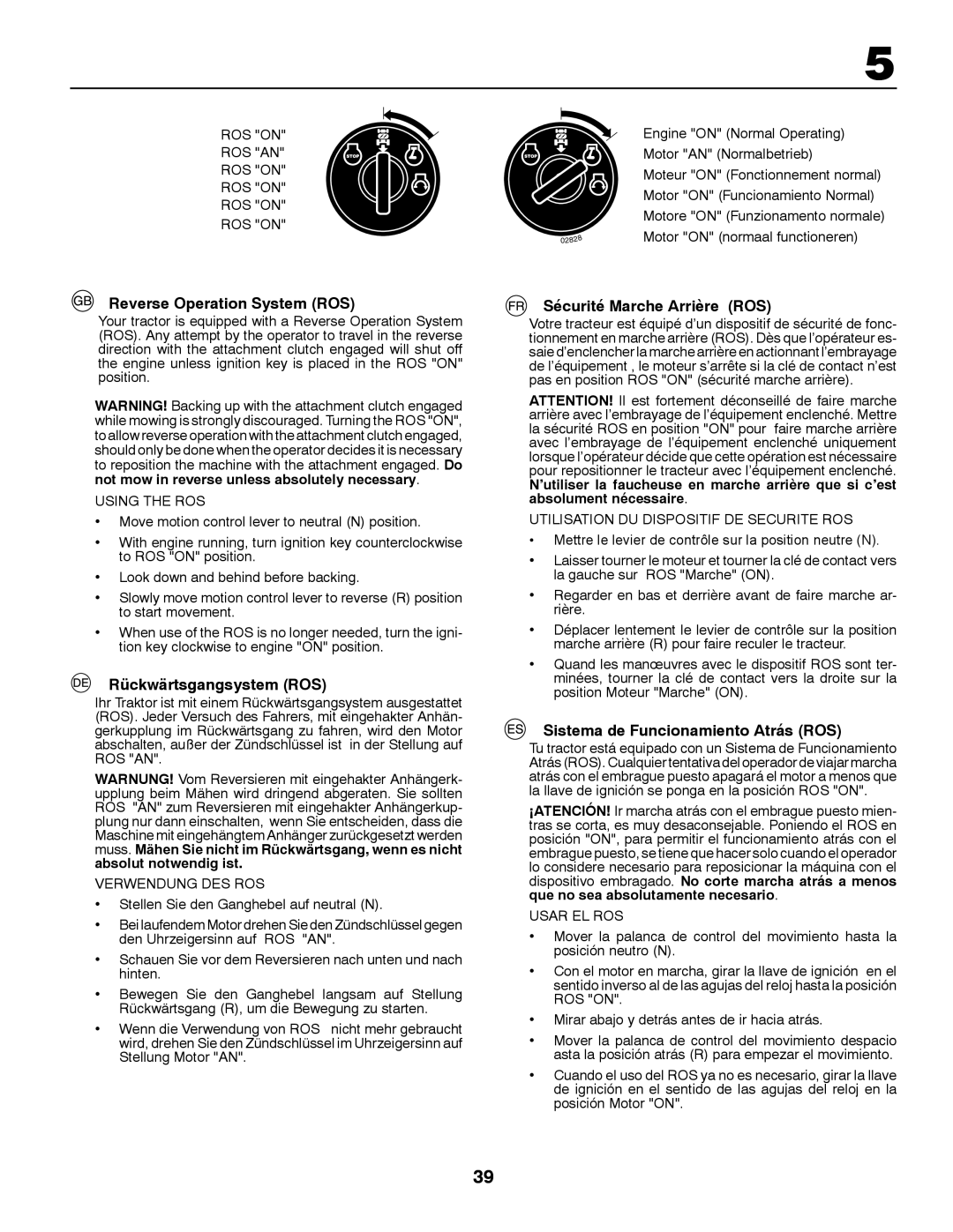 Husqvarna YTH150TWIN instruction manual Reverse Operation System ROS, Rückwärtsgangsystem ROS, Sécurité Marche Arrière ROS 