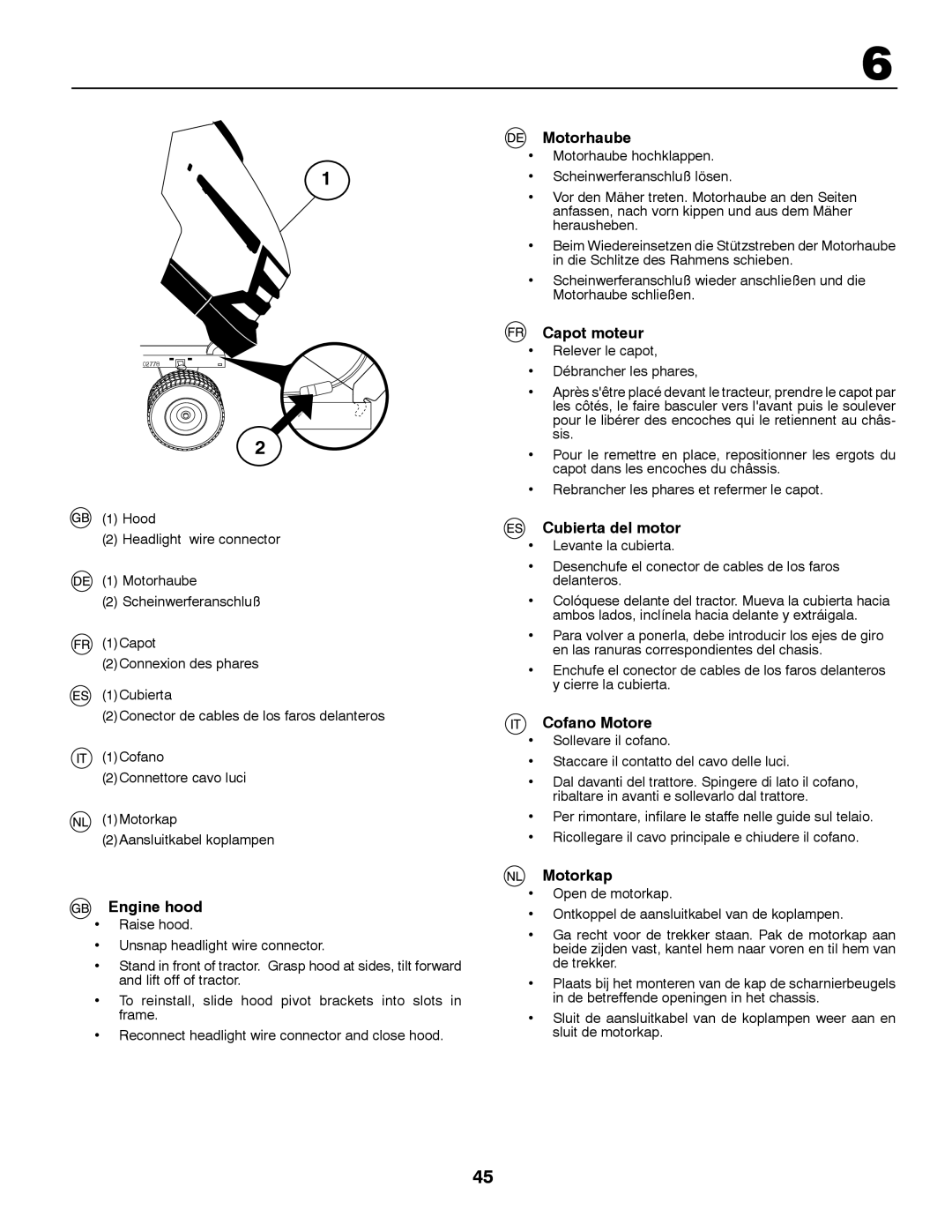 Husqvarna YTH150TWIN instruction manual Engine hood, Motorhaube, Capot moteur, Cubierta del motor, Cofano Motore, Motorkap 