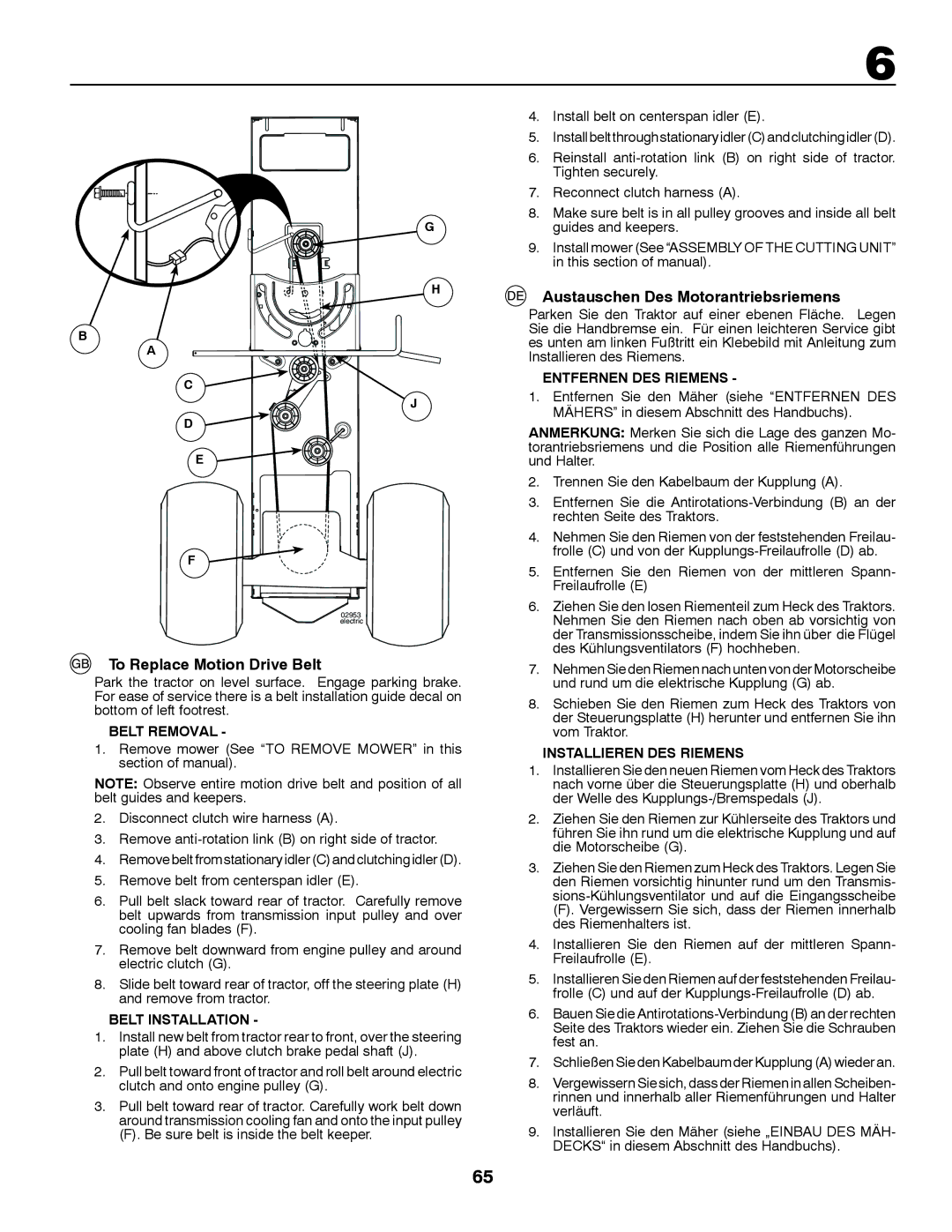 Husqvarna YTH150TWIN instruction manual To Replace Motion Drive Belt, Austauschen Des Motorantriebsriemens 