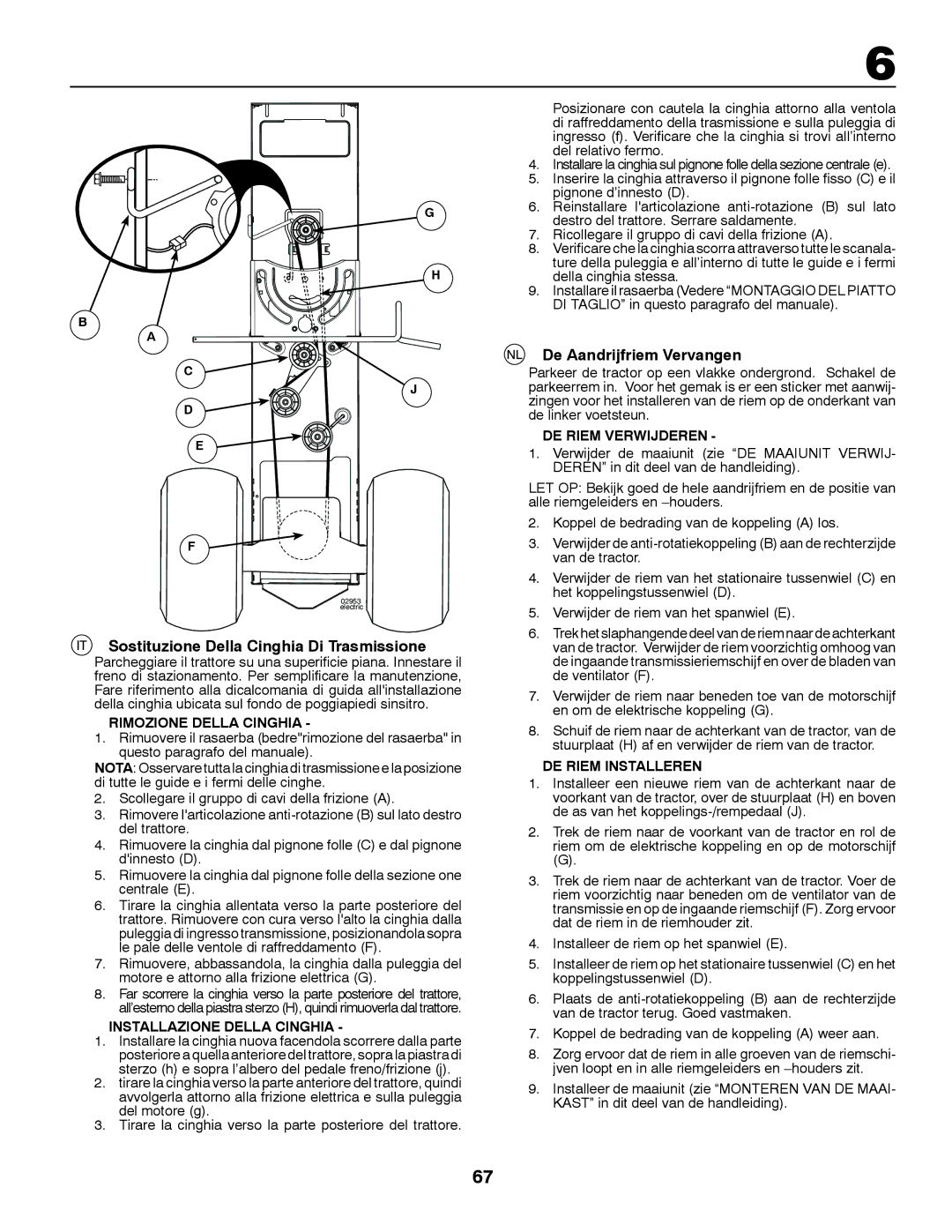 Husqvarna YTH150TWIN instruction manual Sostituzione Della Cinghia Di Trasmissione, De Aandrijfriem Vervangen 